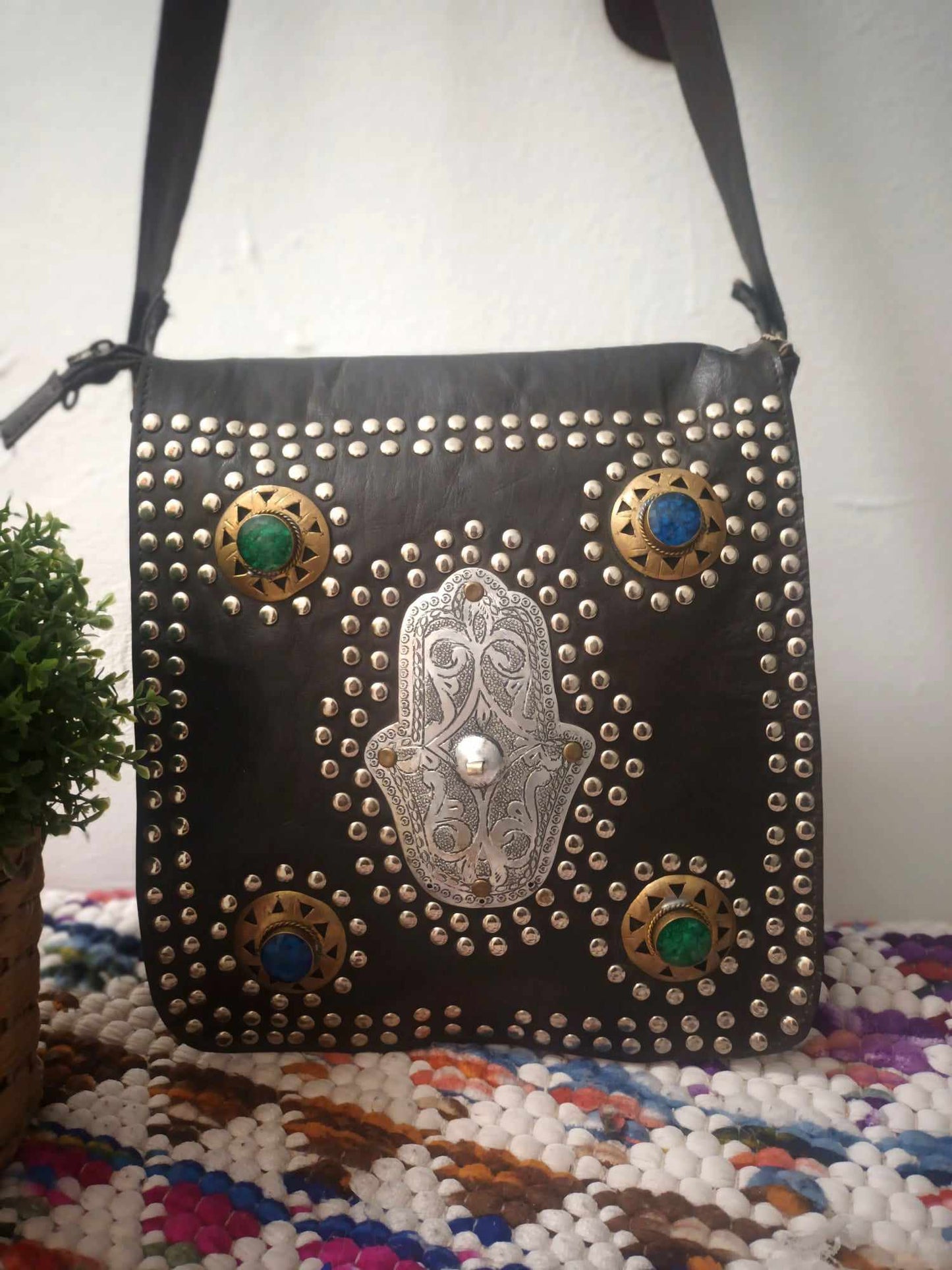 'YASMINE' EXCLUSIVE 100% LEATHER HANDMADE CROSSBODY BAG WITH DECORATIVE HAMZA HAND, STONES AND STUDS