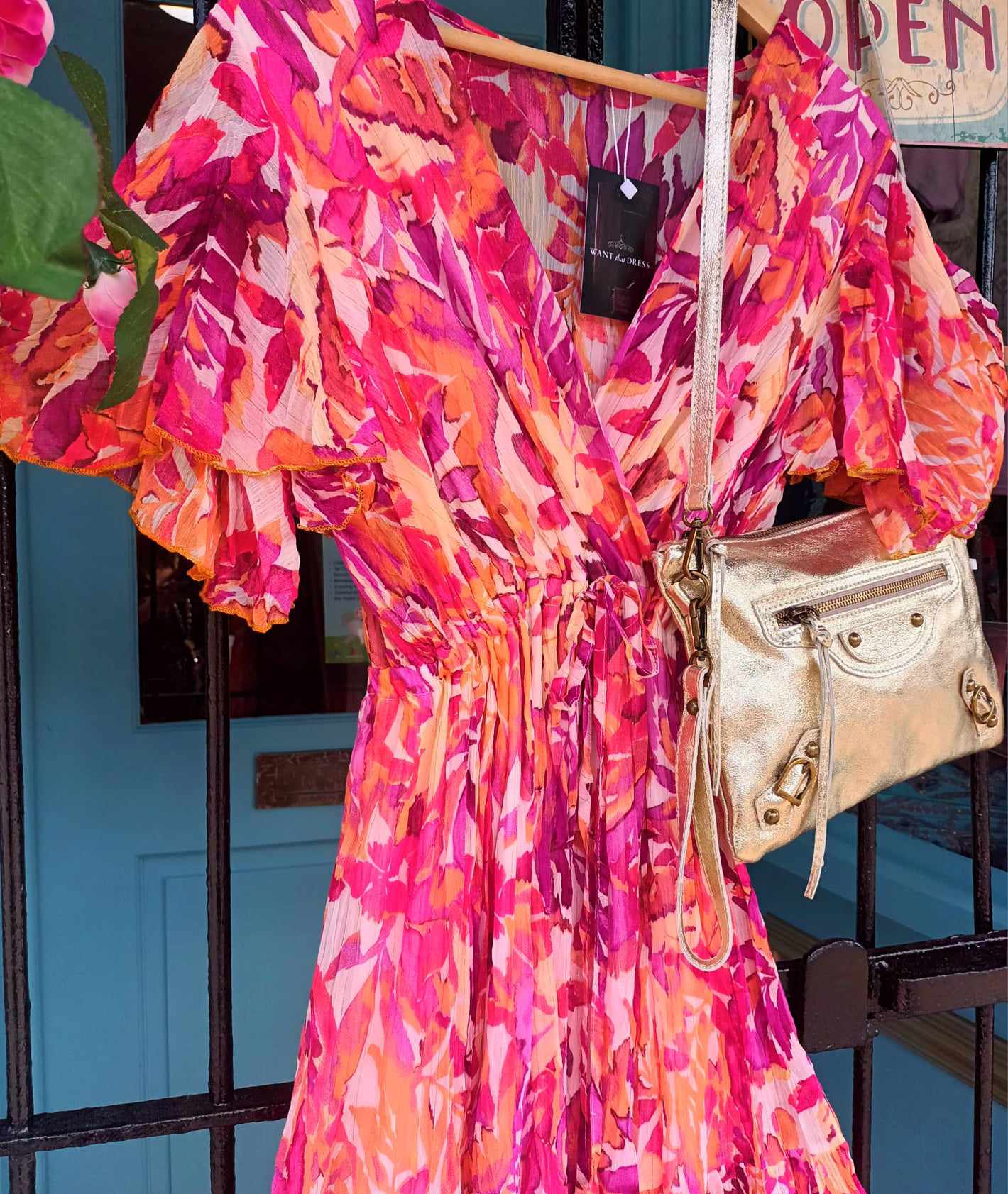 'ELEANOR' RHAPSODY IN PINKS BEAUTIFUL BOTANIC PRINT DRESS WITH SWISHY HEMLINE AND FLUTTER SLEEVES