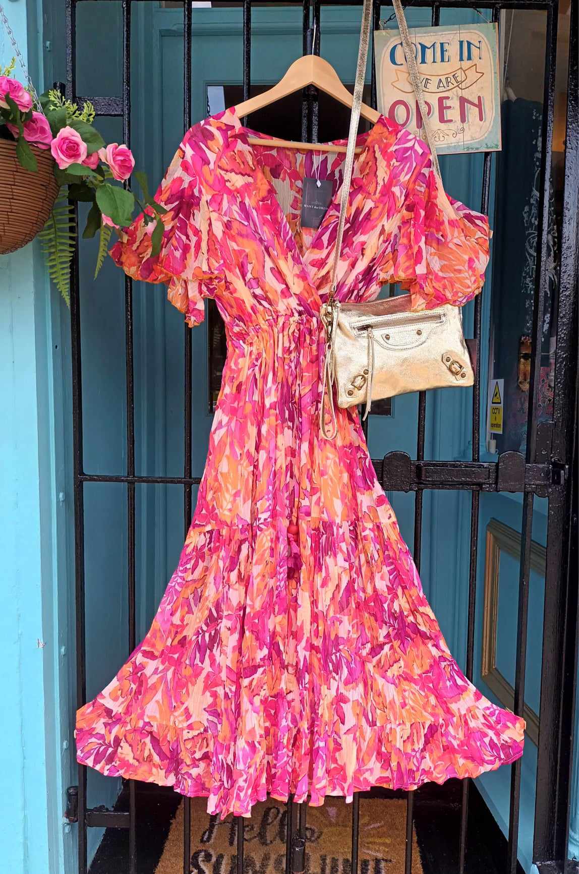 'ELEANOR' RHAPSODY IN PINKS BEAUTIFUL BOTANIC PRINT DRESS WITH SWISHY HEMLINE AND FLUTTER SLEEVES