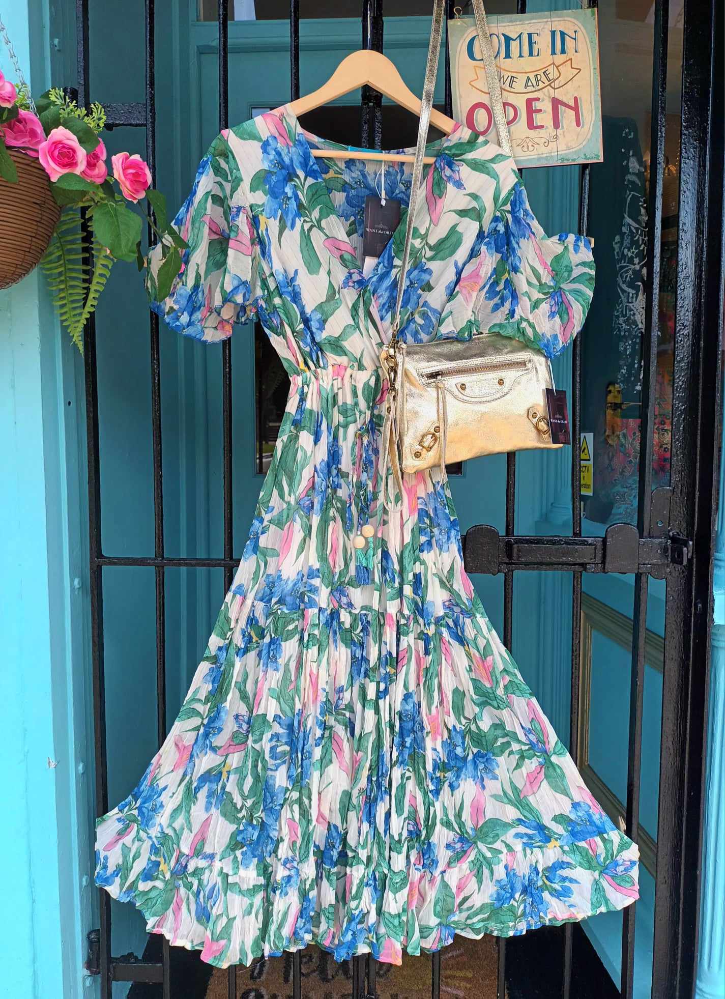 'ELEANOR' IRISES AND LILIES PRINT SWISHY HEM DRESS WITH FLATTERING FLUTTER SLEEVES