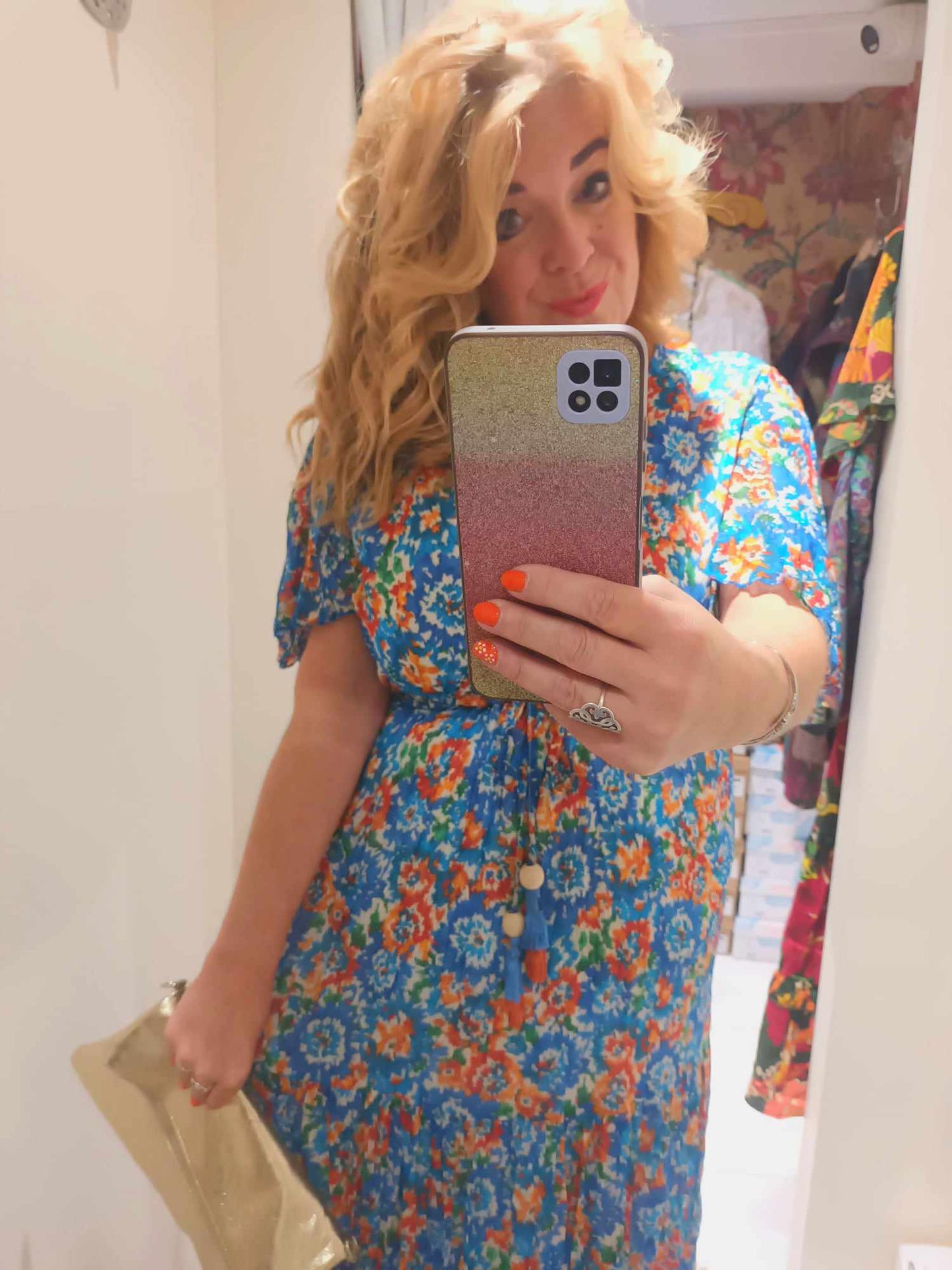 'ELEANOR' DITSY VINTAGE STYLE PRINT SWISHY HEM DRESS WITH FLATTERING FLUTTER SLEEVES