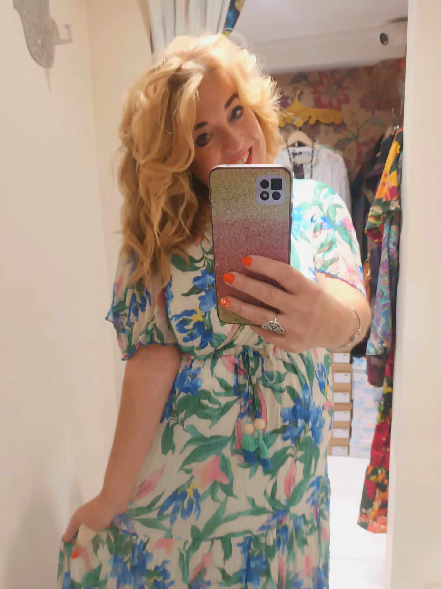 'ELEANOR' IRISES AND LILIES PRINT SWISHY HEM DRESS WITH FLATTERING FLUTTER SLEEVES