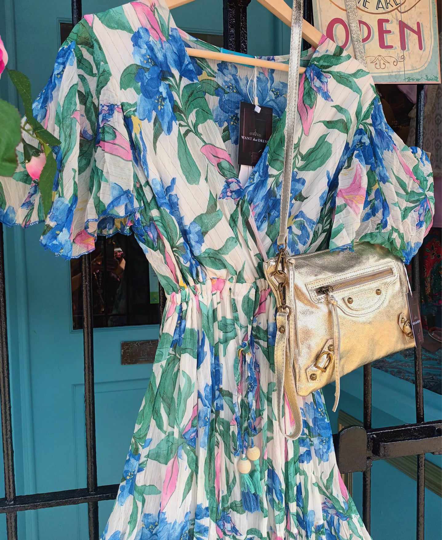 'ELEANOR' IRISES AND LILIES PRINT SWISHY HEM DRESS WITH FLATTERING FLUTTER SLEEVES