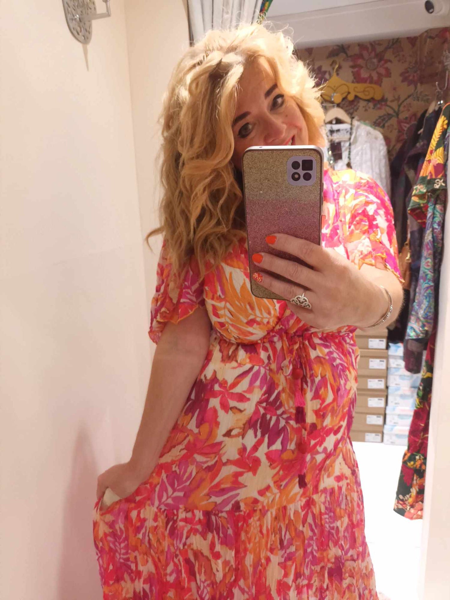 'ELEANOR' RHAPSODY IN PINKS BEAUTIFUL BOTANIC PRINT DRESS WITH SWISHY HEMLINE AND FLUTTER SLEEVES