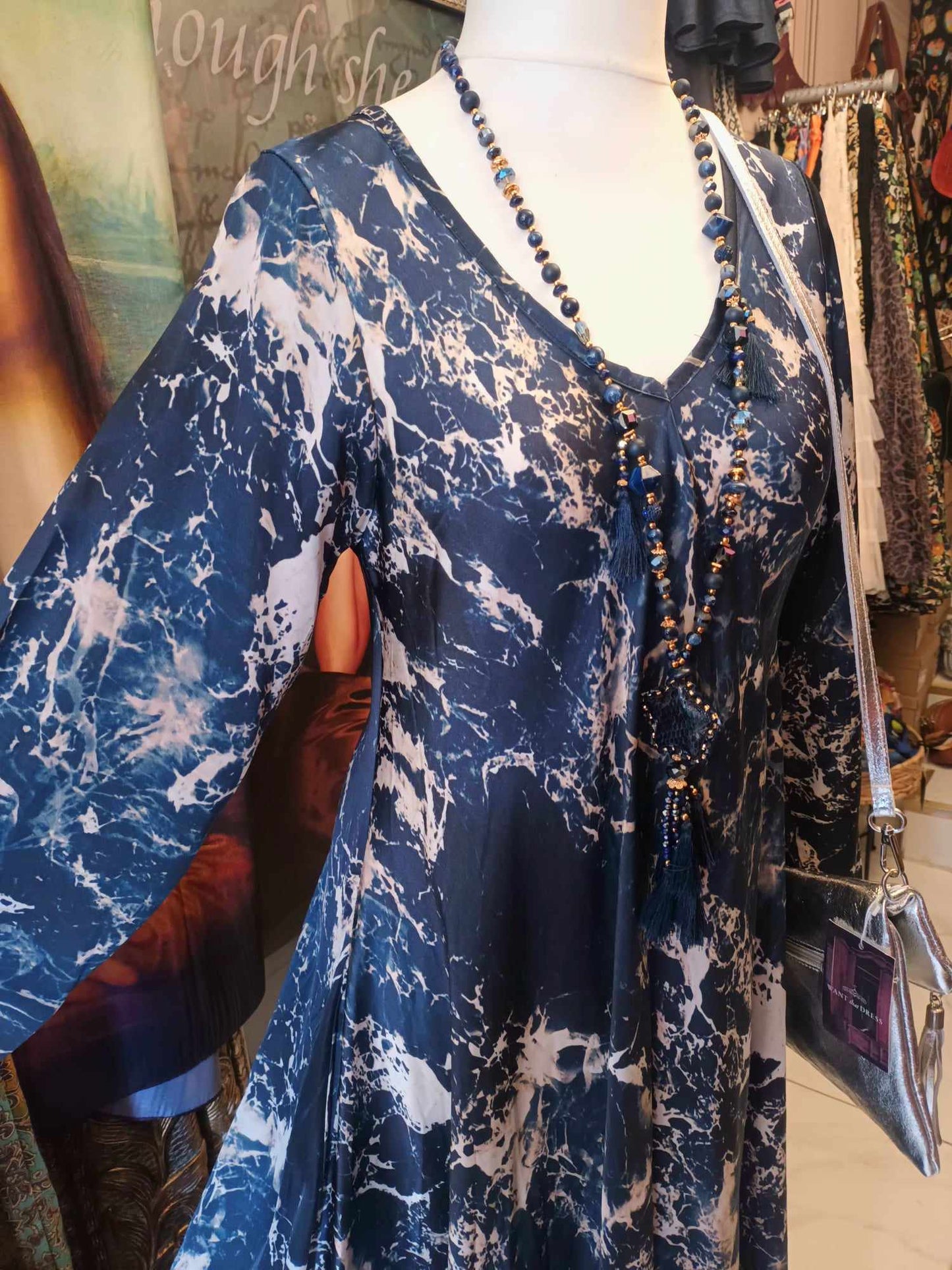 THE 'MARBLE SKIES' LUXE FEEL SUPER FLATTERING SILK BLEND DRESS WITH POCKETS IN MIDNIGHT OR KHAKI