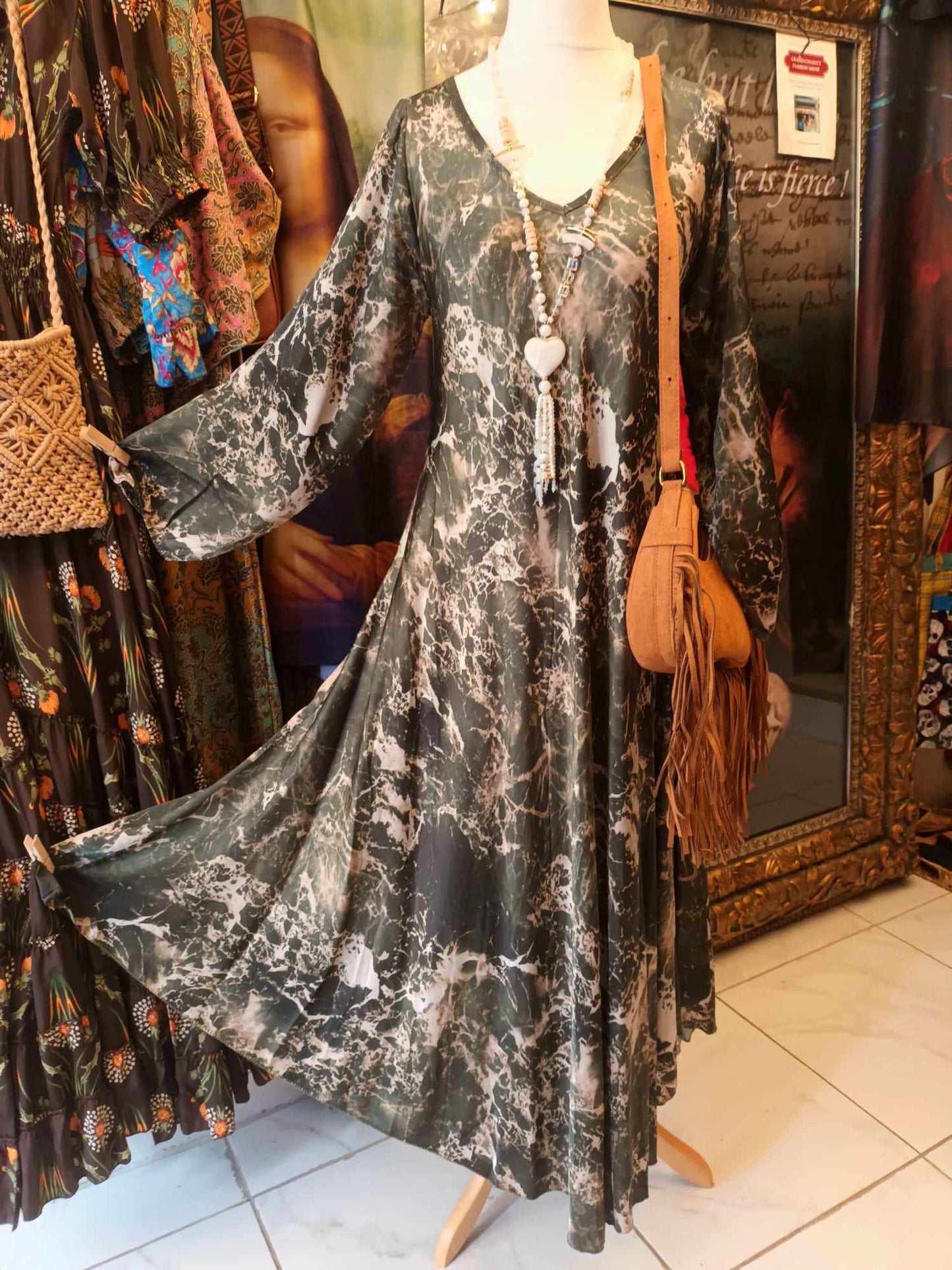THE 'MARBLE SKIES' LUXE FEEL SUPER FLATTERING SILK BLEND DRESS WITH POCKETS IN MIDNIGHT OR KHAKI