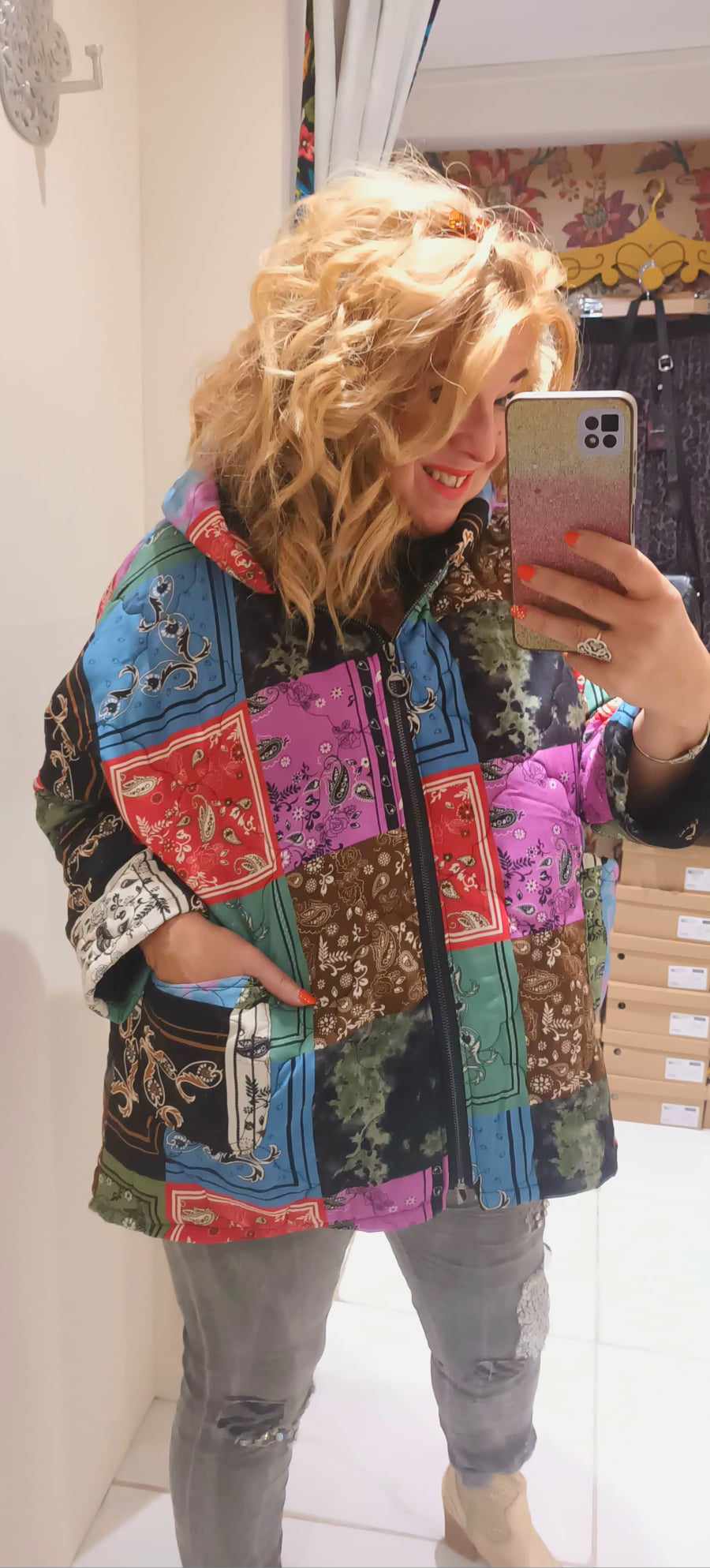THE 'PANDORA PATCH' BRIGHT AND BEAUTIFUL PATCHWORK PRINT QUILTED HOODED JACKET