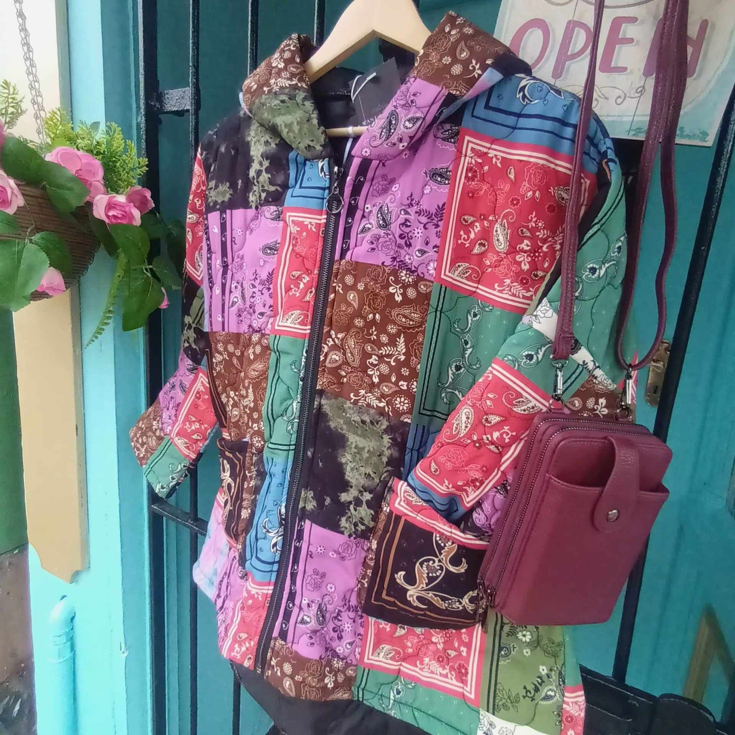THE 'PANDORA PATCH' BRIGHT AND BEAUTIFUL PATCHWORK PRINT QUILTED HOODED JACKET