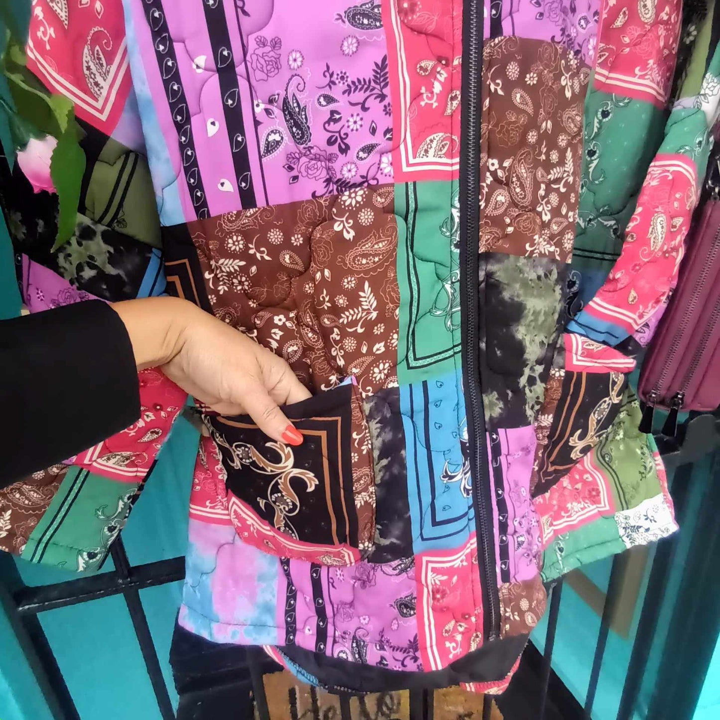 THE 'PANDORA PATCH' BRIGHT AND BEAUTIFUL PATCHWORK PRINT QUILTED HOODED JACKET