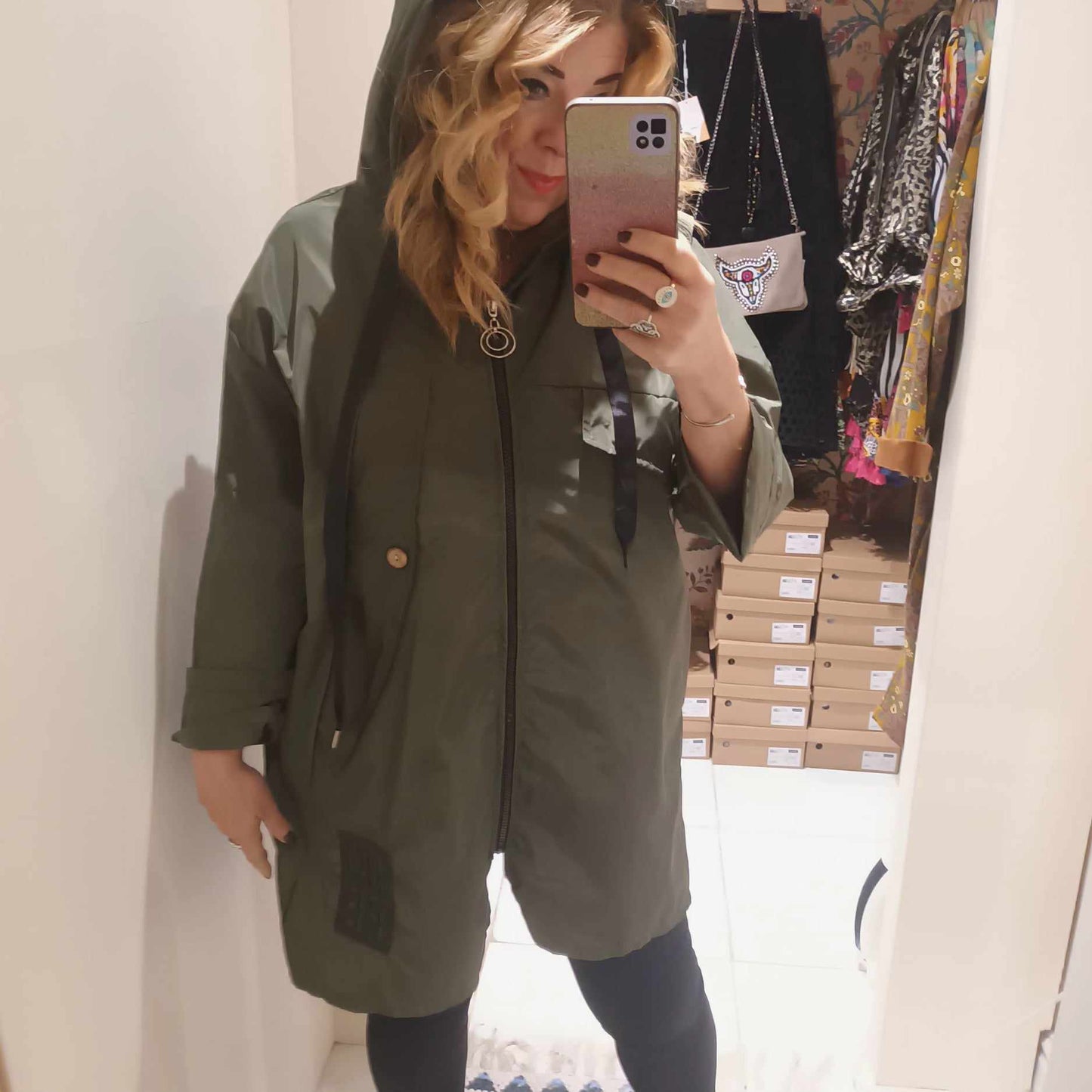 THE 'SUPERNOVA' KHAKI KAGOULE WITH HOPE MOTIF, FEATURE ZIP AND BUTTON DETAIL