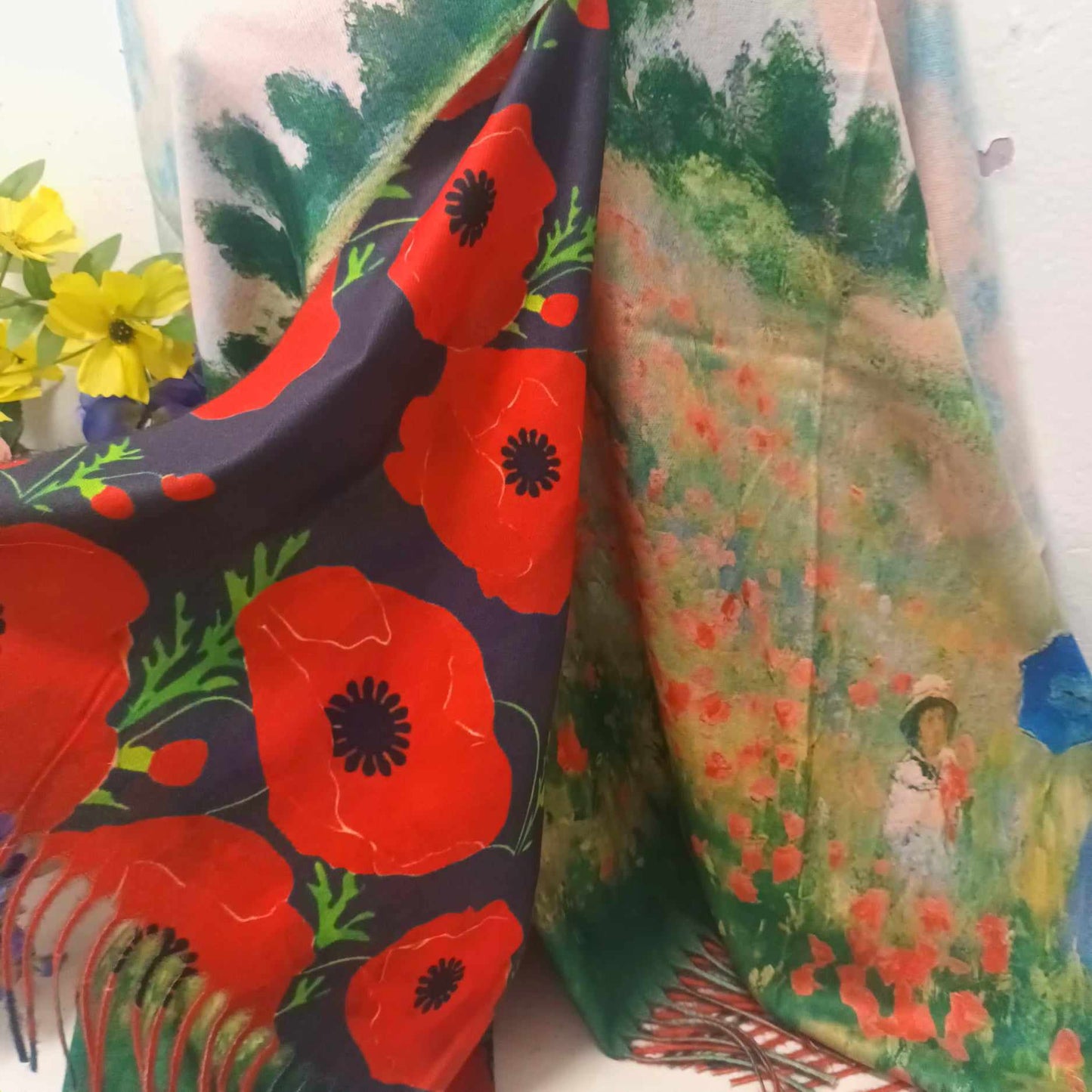 THE 'POPPY MONET' BREATHTAKING LUXE FEEL FRINGED PASHMINA WITH REVERSABLE PRINTS