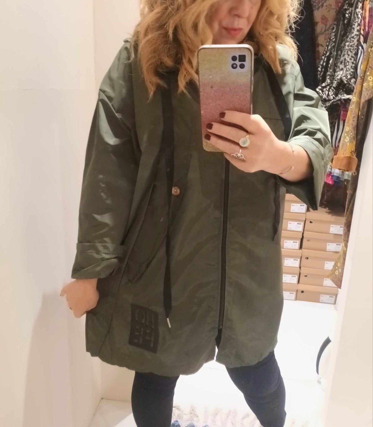 THE 'SUPERNOVA' KHAKI KAGOULE WITH HOPE MOTIF, FEATURE ZIP AND BUTTON DETAIL