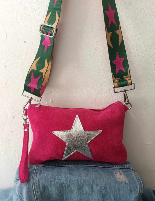 SUPERSTAR ROCK CHICK BAG 100% ITALIAN SUEDE LEATHER HOT PINK/STARS