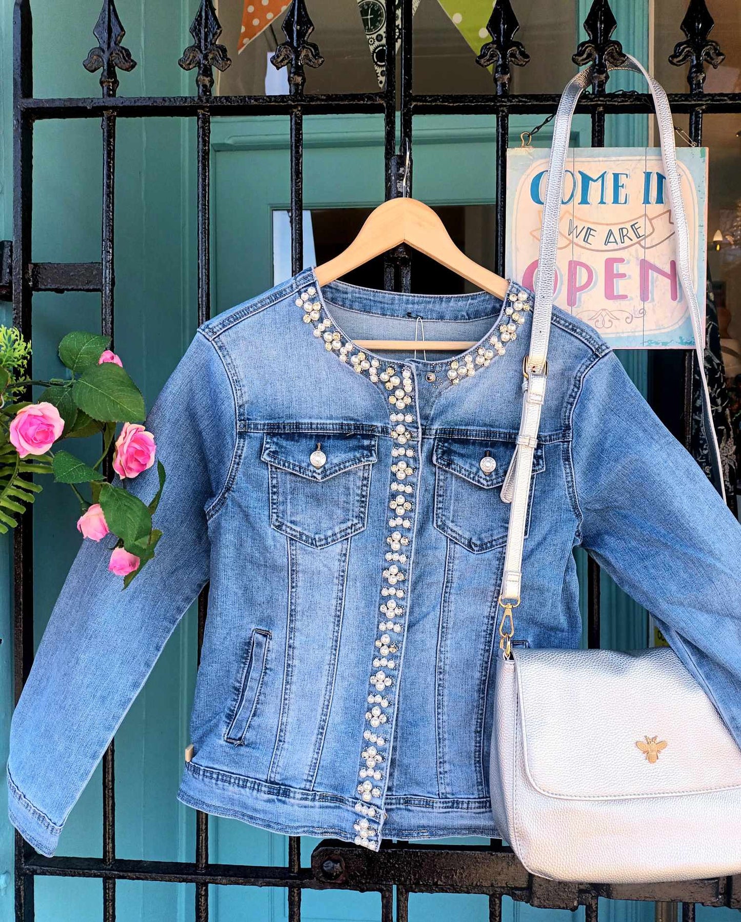 THE 'SILVER SPRINGS' BEAUTIFUL FEMALE FIT EMBELLISHED STRETCH FADED DENIM JACKET