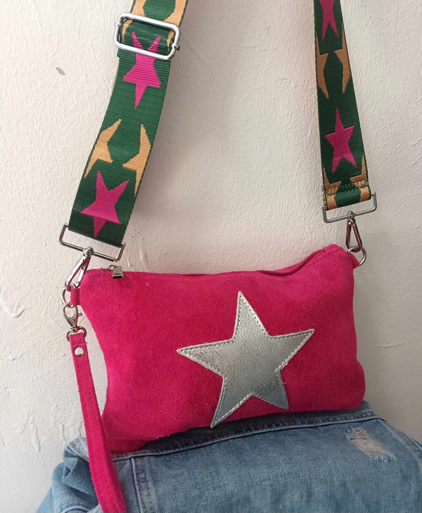 SUPERSTAR ROCK CHICK BAG 100% ITALIAN SUEDE LEATHER HOT PINK/STARS