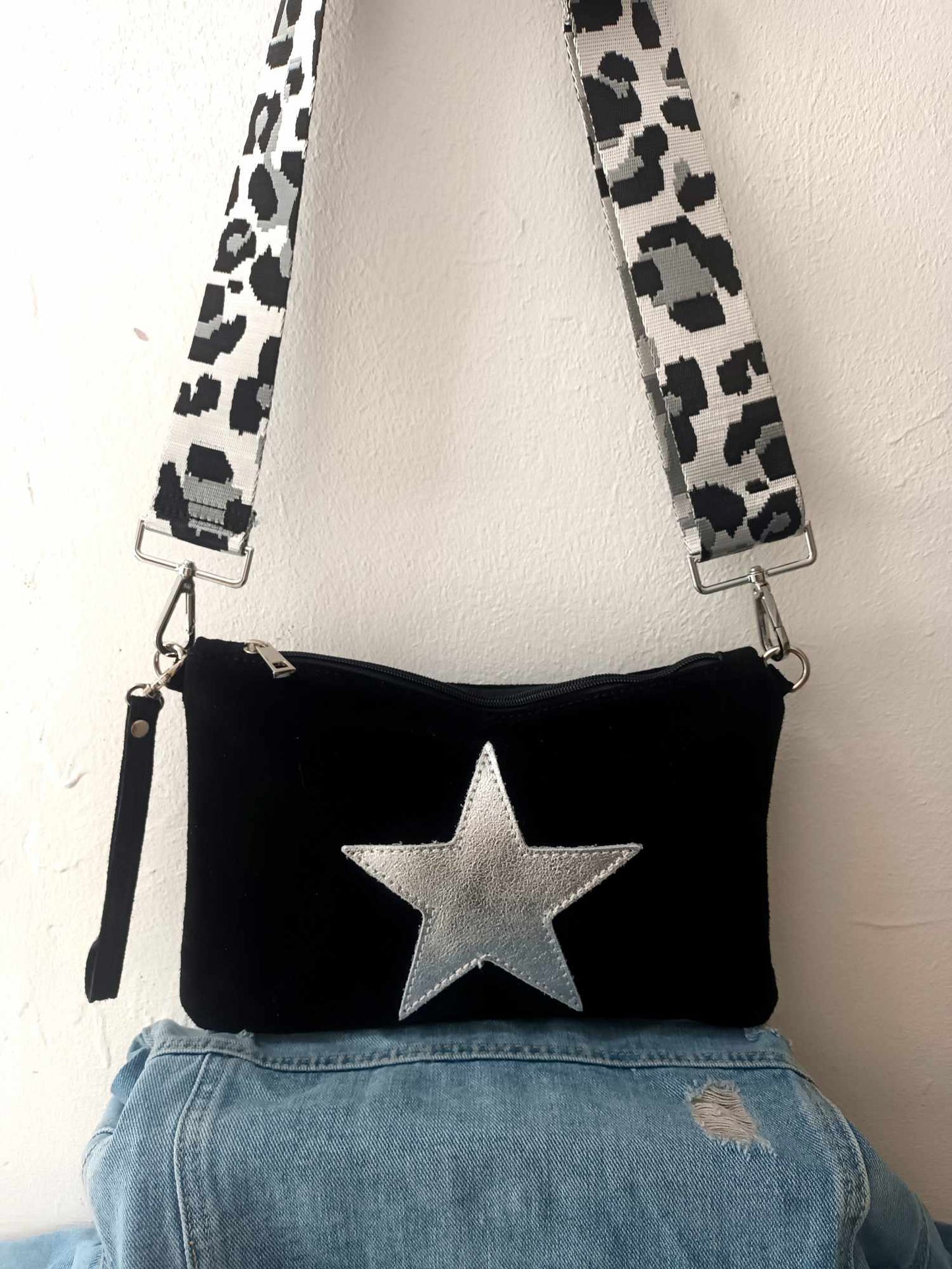 SUPERSTAR ROCK CHICK 3 WAY BAG 100% ITALIAN SUEDE LEATHER BLACK WITH ANIMAL STRAP