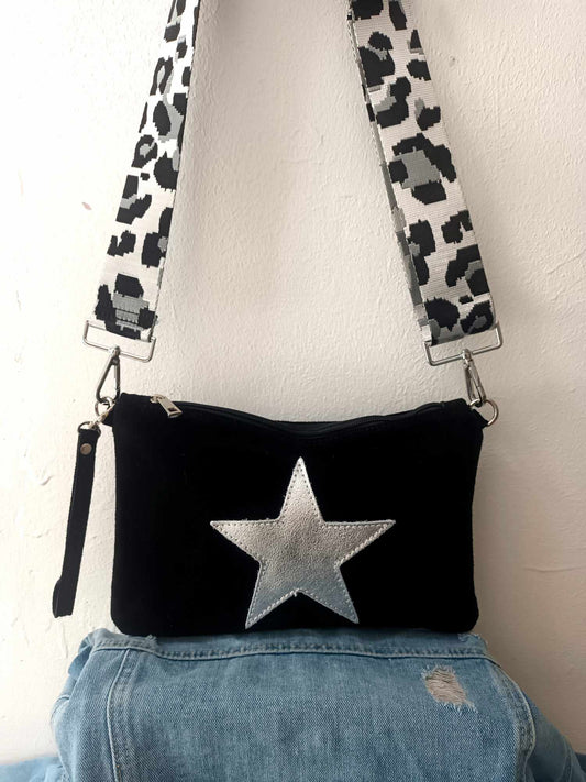 SUPERSTAR ROCK CHICK 3 WAY BAG 100% ITALIAN SUEDE LEATHER BLACK WITH ANIMAL STRAP