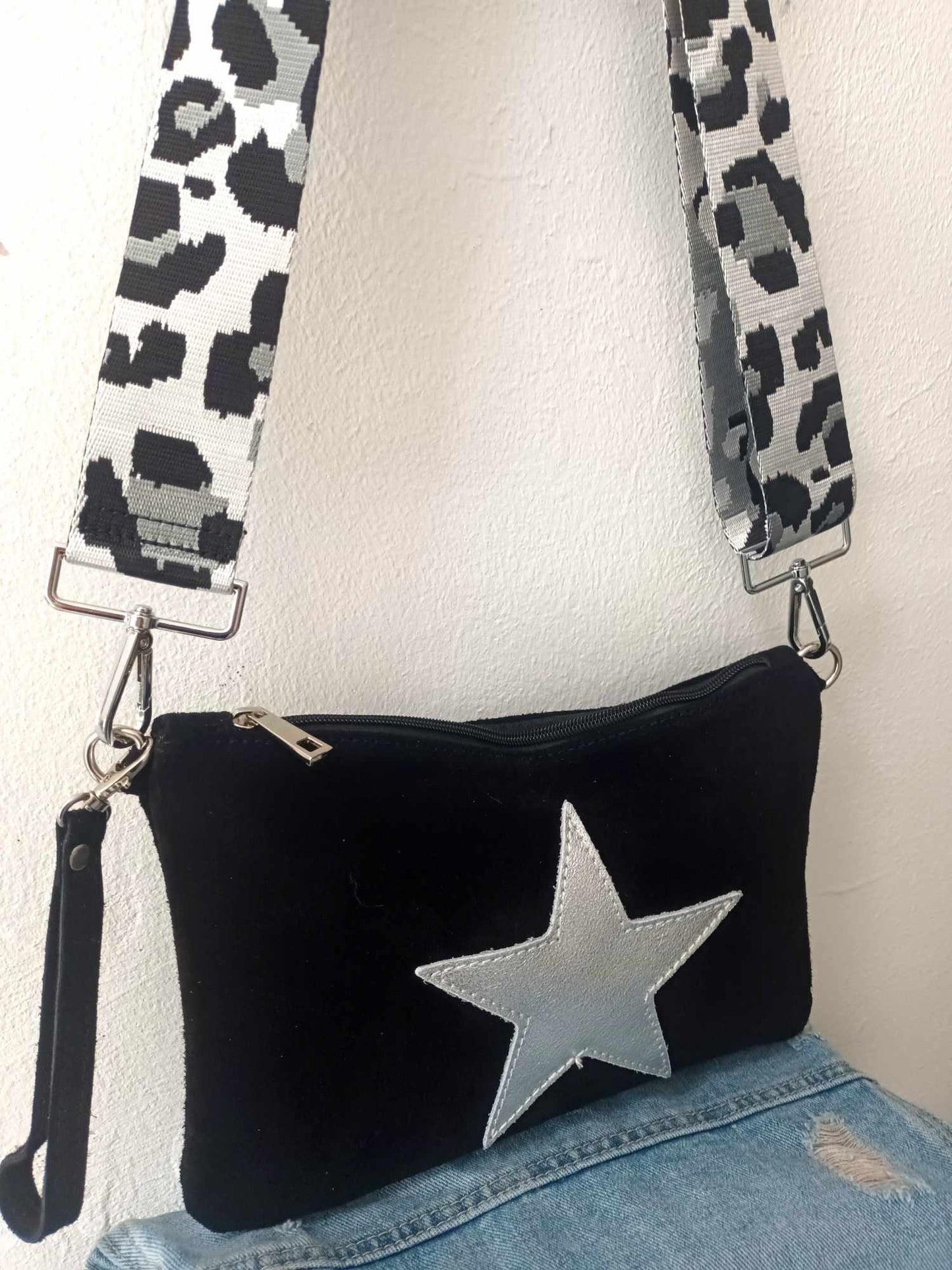 SUPERSTAR ROCK CHICK 3 WAY BAG 100% ITALIAN SUEDE LEATHER BLACK WITH ANIMAL STRAP