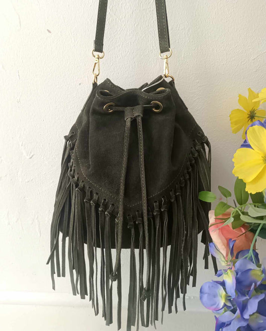 'HENDRIX' BEAUTIFUL AND BOHO 100% ITALIAN SUEDE LEATHER 70'S STYLE FRINGED BUCKET BAG OLIVE/KHAKI GREEN