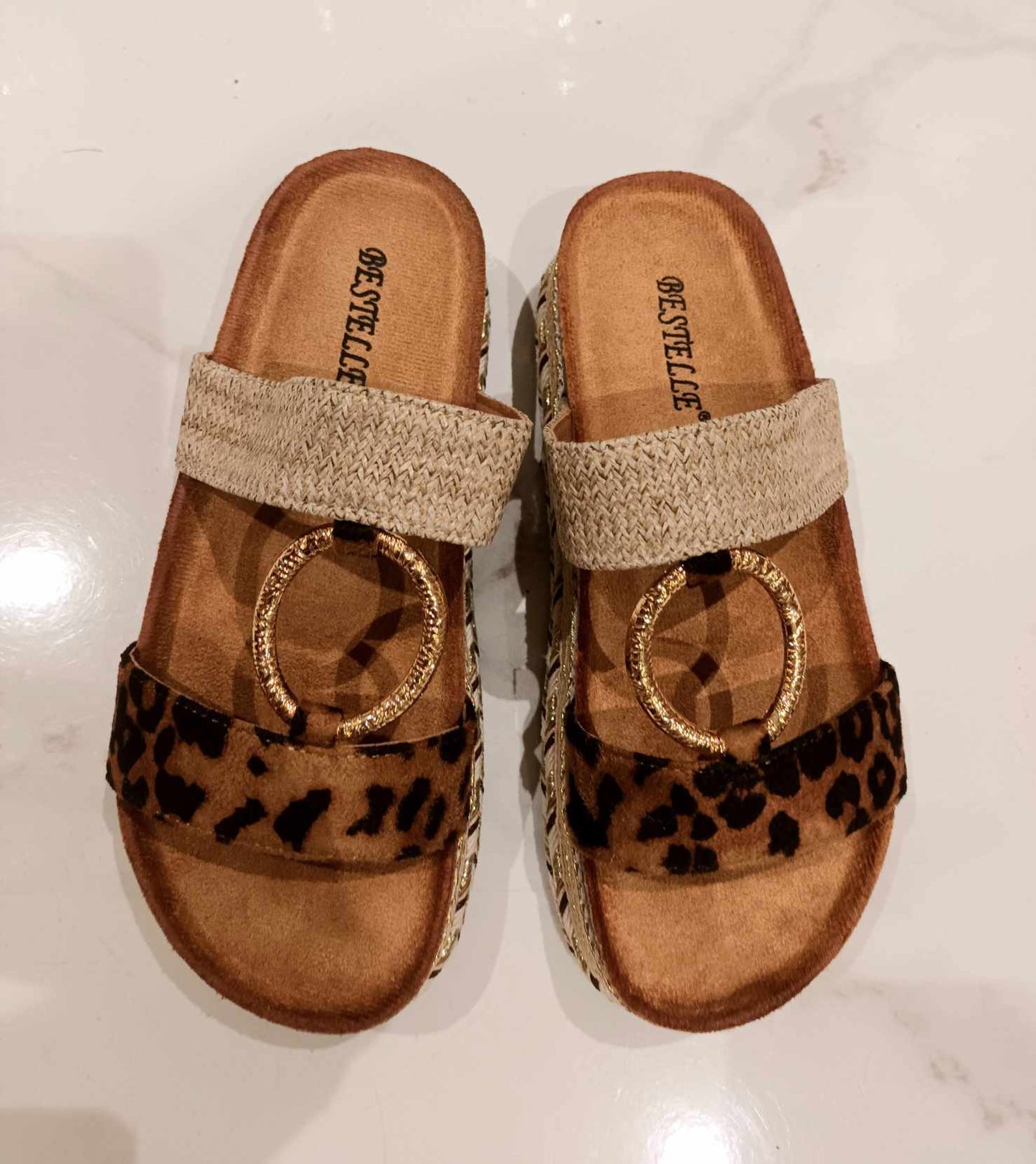 THE 'LEONA' LEOPARD DETAIL GOLD RING EMBELLISHED PLATFORM SLIDER