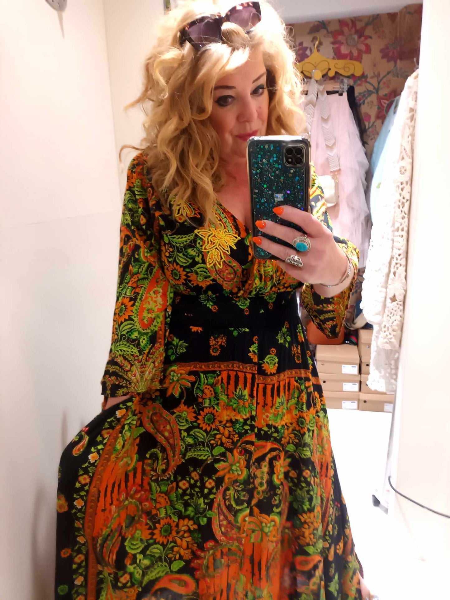 THE 'STEVIE' BREATHTAKING INDIAN COTTON BOHEMIAN PRINT FULL SKIRTED DRESS WITH LOVE BEAD EMBELLISHMENTS
