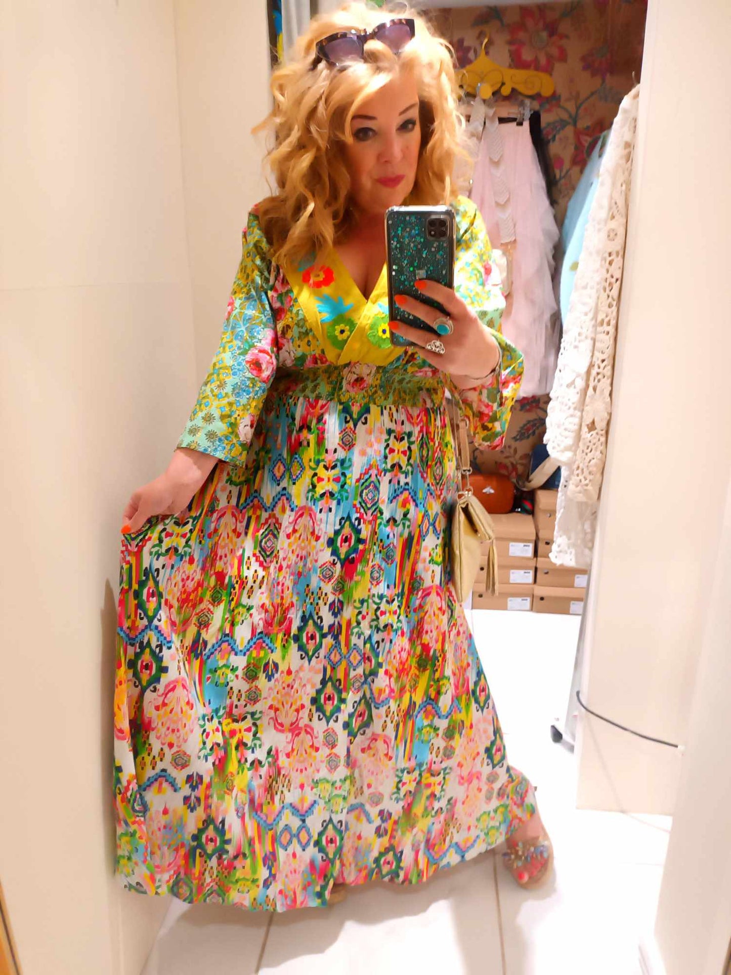 THE 'FANTASIA' STUNNING INDIAN COTTON RAINBOW COLOURED EMBROIDERED FLOWER DETAIL DRESS