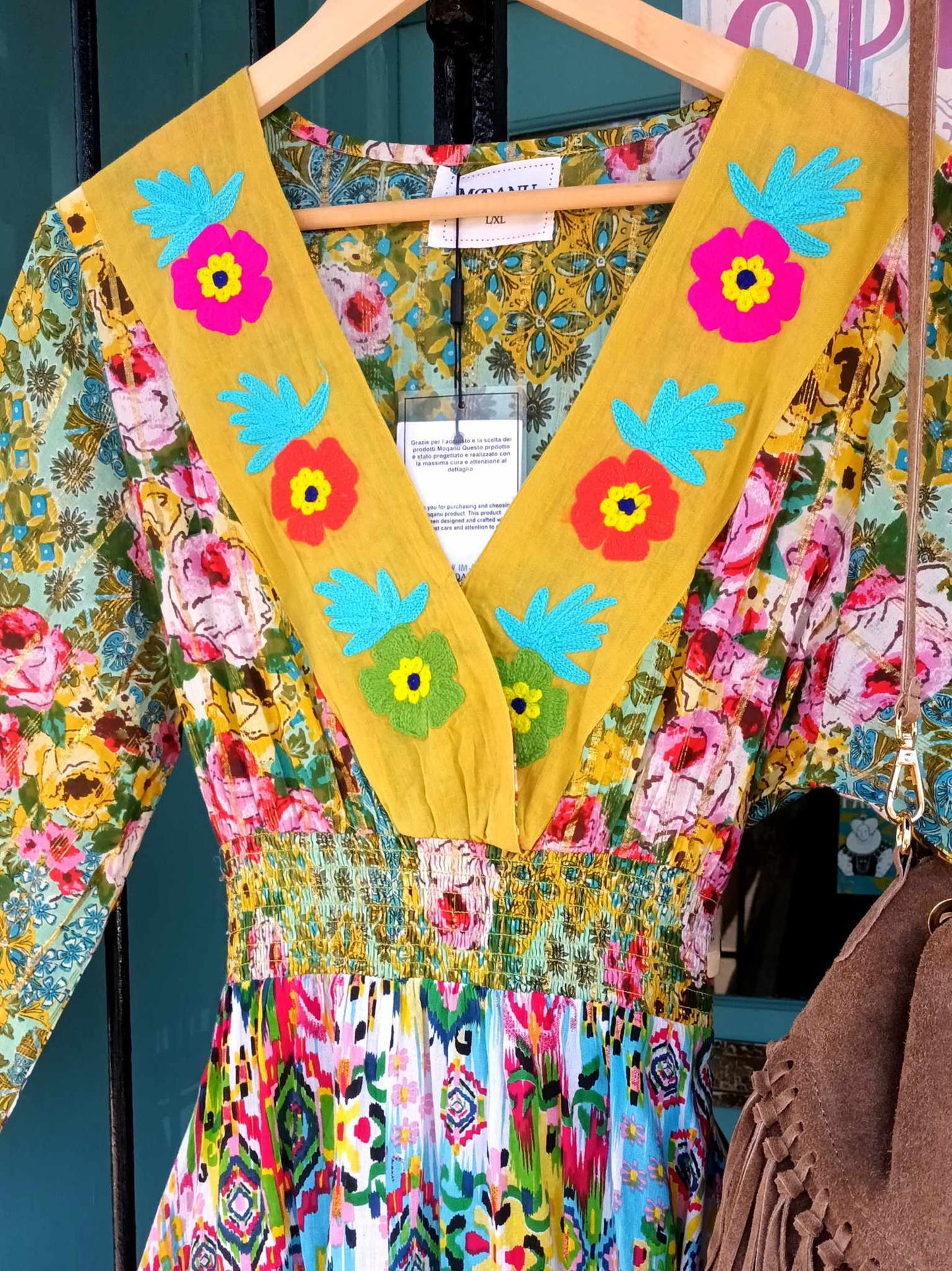 THE 'FANTASIA' STUNNING INDIAN COTTON RAINBOW COLOURED EMBROIDERED FLOWER DETAIL DRESS