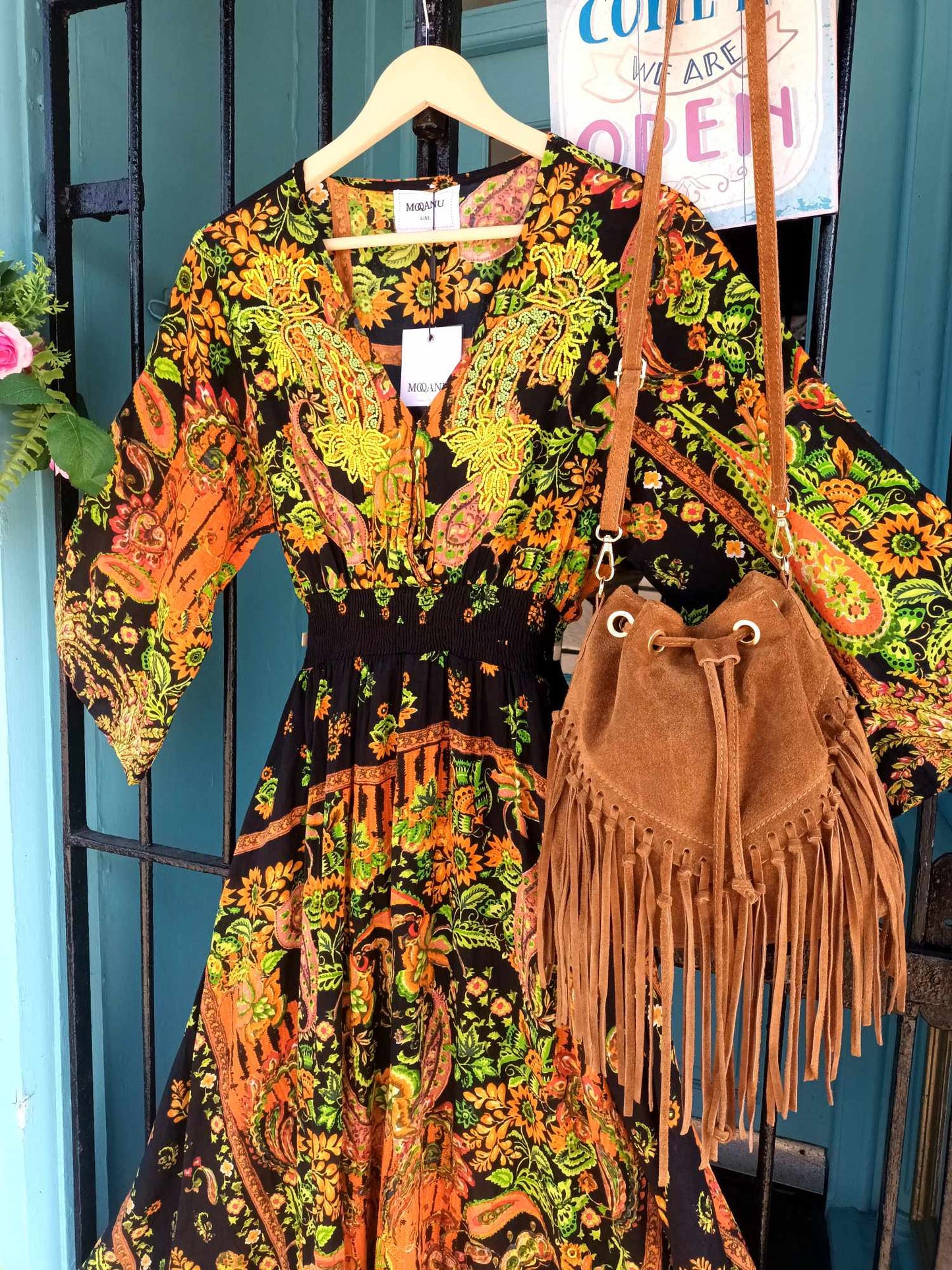 THE 'STEVIE' BREATHTAKING INDIAN COTTON BOHEMIAN PRINT FULL SKIRTED DRESS WITH LOVE BEAD EMBELLISHMENTS