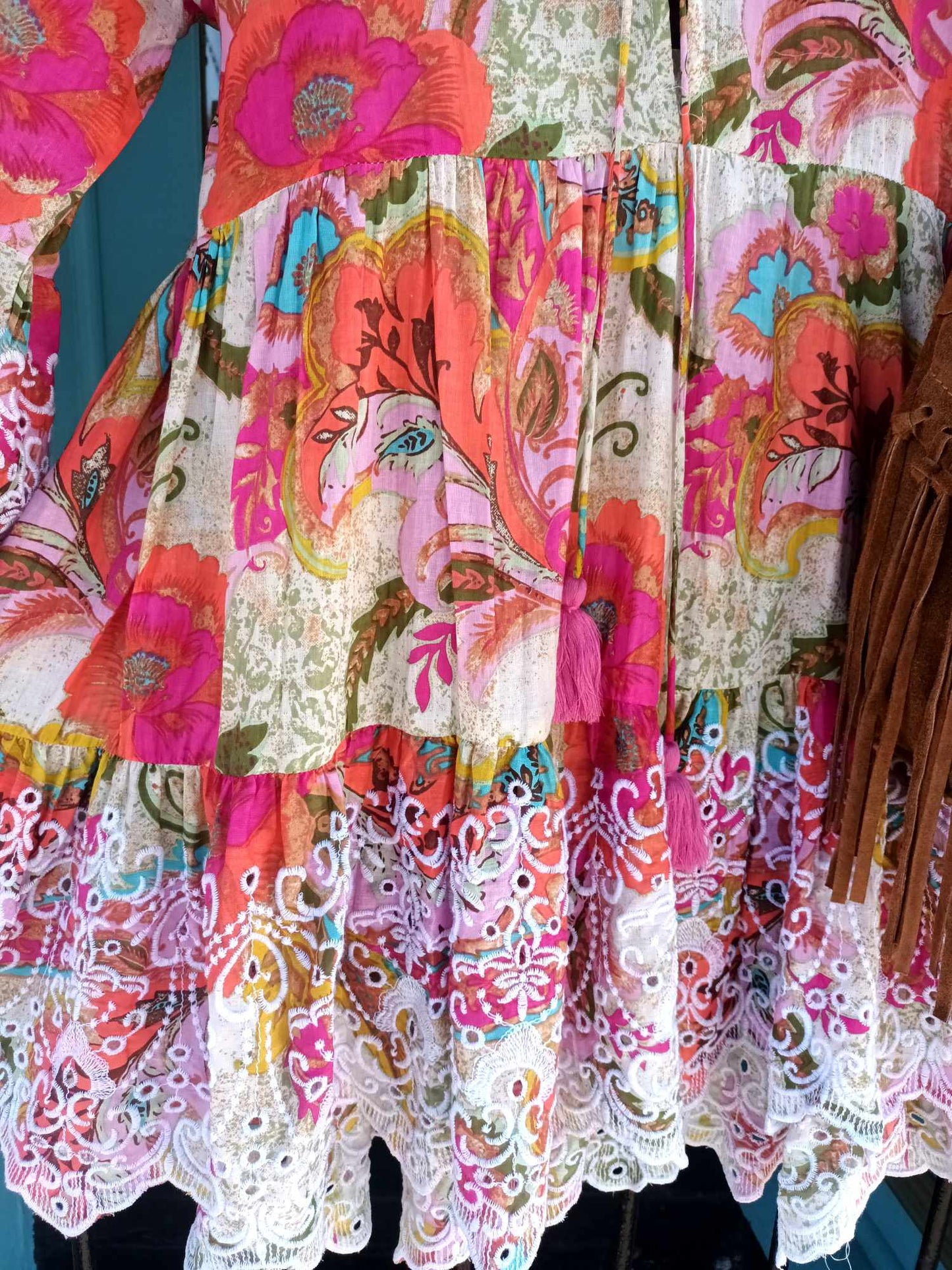 THE 'FANDANGO' BEAUTIFUL INDIAN COTTON RAINBOW FLORALS TUNIC WITH EMBROIDERED BELL SLEEVES AND HEMLINE.
