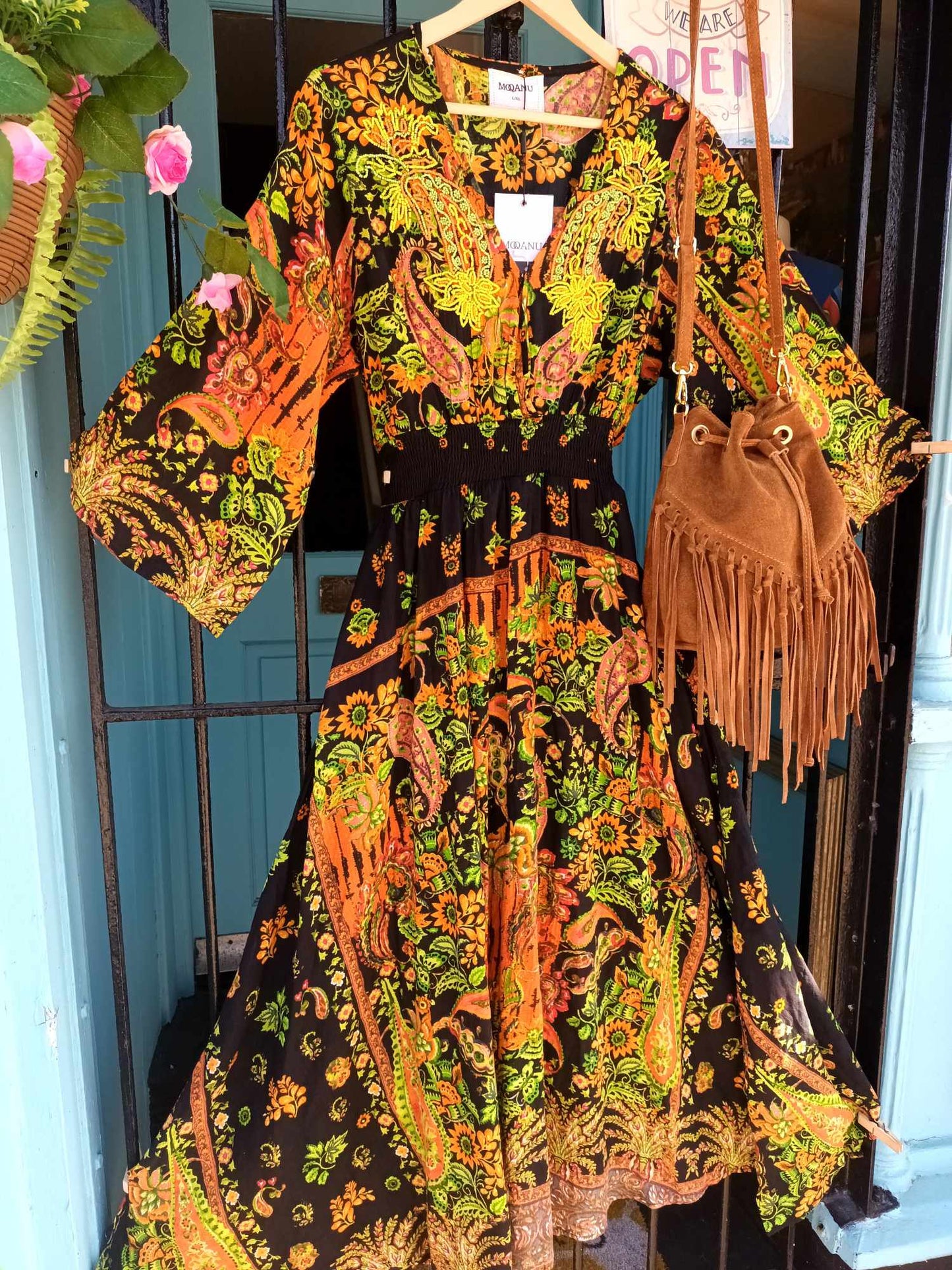 THE 'STEVIE' BREATHTAKING INDIAN COTTON BOHEMIAN PRINT FULL SKIRTED DRESS WITH LOVE BEAD EMBELLISHMENTS