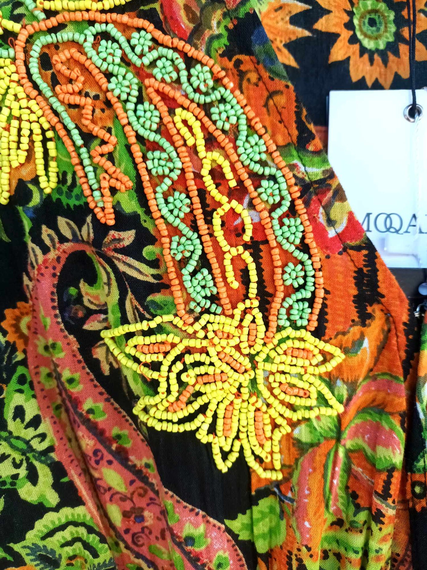 THE 'STEVIE' BREATHTAKING INDIAN COTTON BOHEMIAN PRINT FULL SKIRTED DRESS WITH LOVE BEAD EMBELLISHMENTS