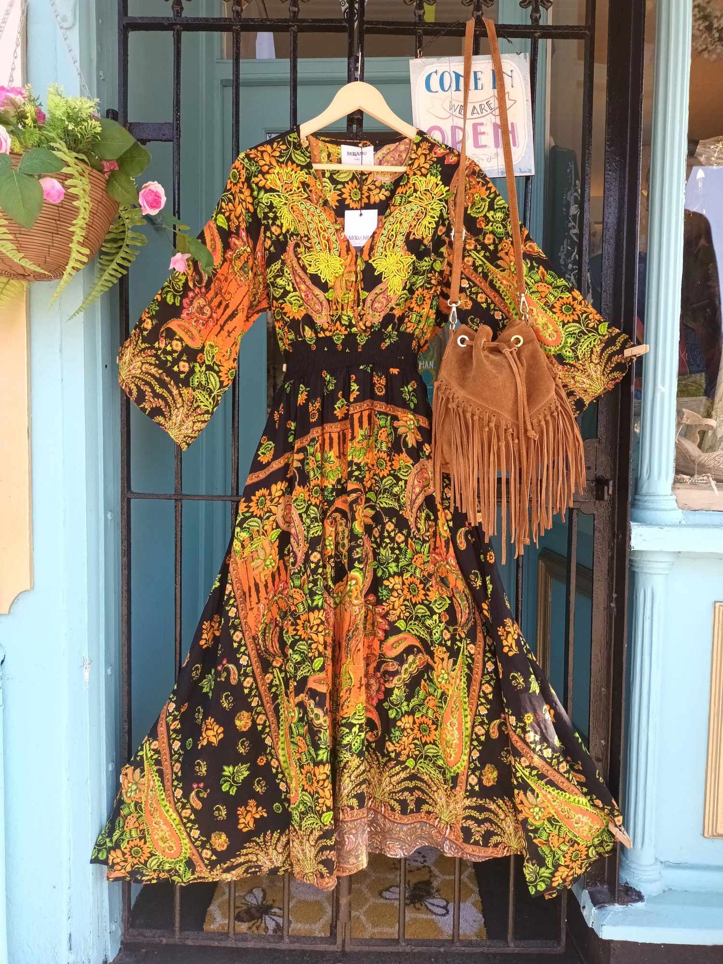 THE 'STEVIE' BREATHTAKING INDIAN COTTON BOHEMIAN PRINT FULL SKIRTED DRESS WITH LOVE BEAD EMBELLISHMENTS