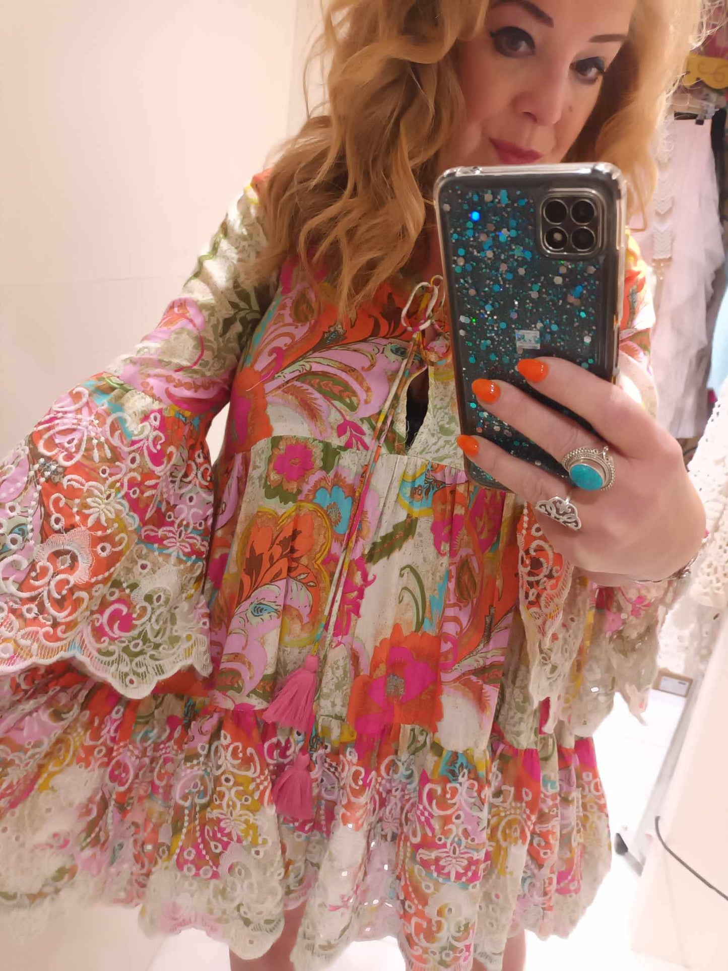 THE 'FANDANGO' BEAUTIFUL INDIAN COTTON RAINBOW FLORALS TUNIC WITH EMBROIDERED BELL SLEEVES AND HEMLINE.