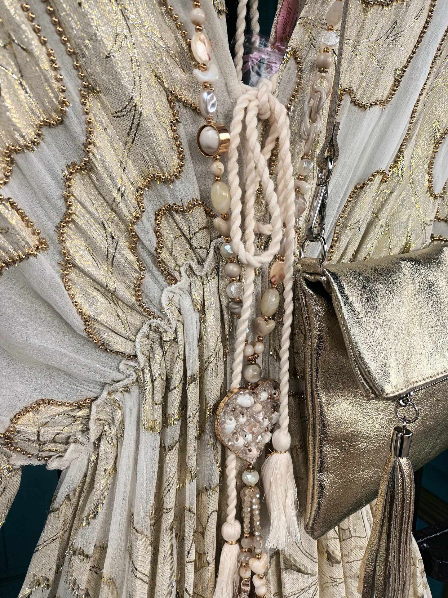 THE 'CELENE' BEAUTIFUL TASSEL DETAIL FLOATY CHIFFON BEAD EMBELLISHED DRESS IN VANILLA AND GOLD