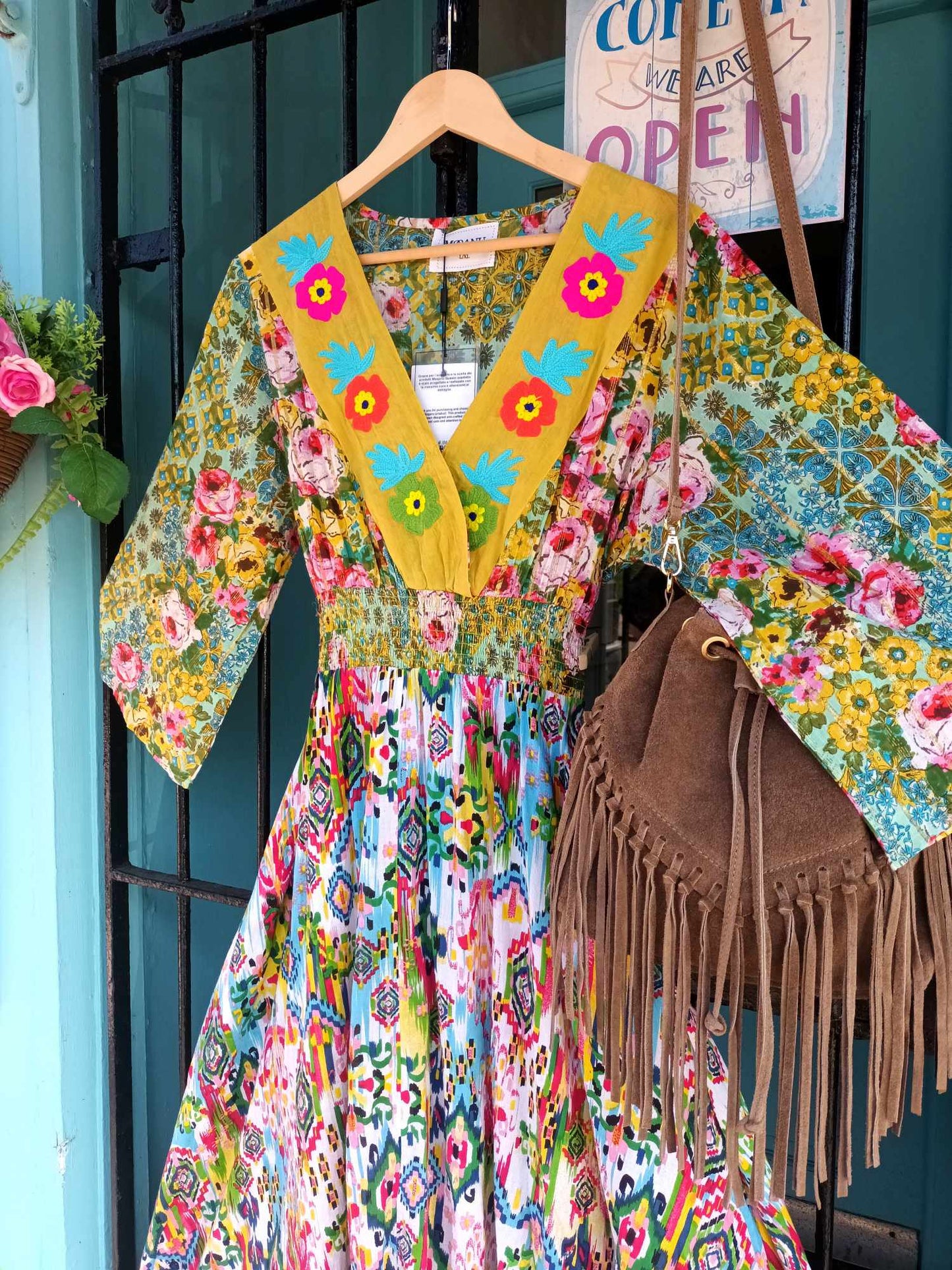 THE 'FANTASIA' STUNNING INDIAN COTTON RAINBOW COLOURED EMBROIDERED FLOWER DETAIL DRESS