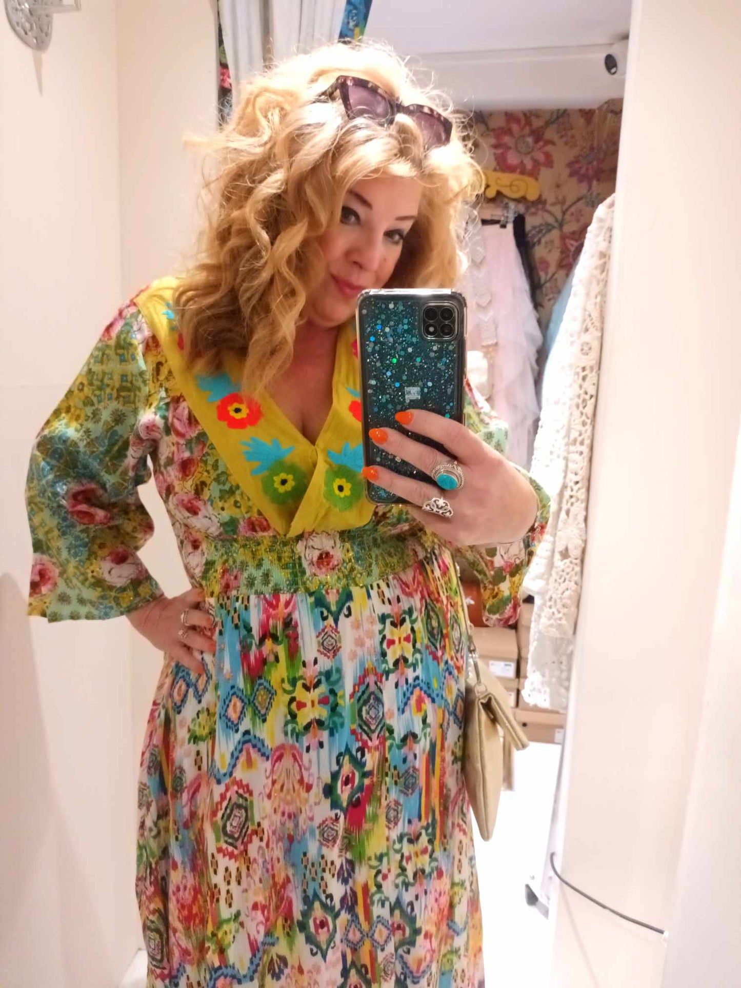 THE 'FANTASIA' STUNNING INDIAN COTTON RAINBOW COLOURED EMBROIDERED FLOWER DETAIL DRESS