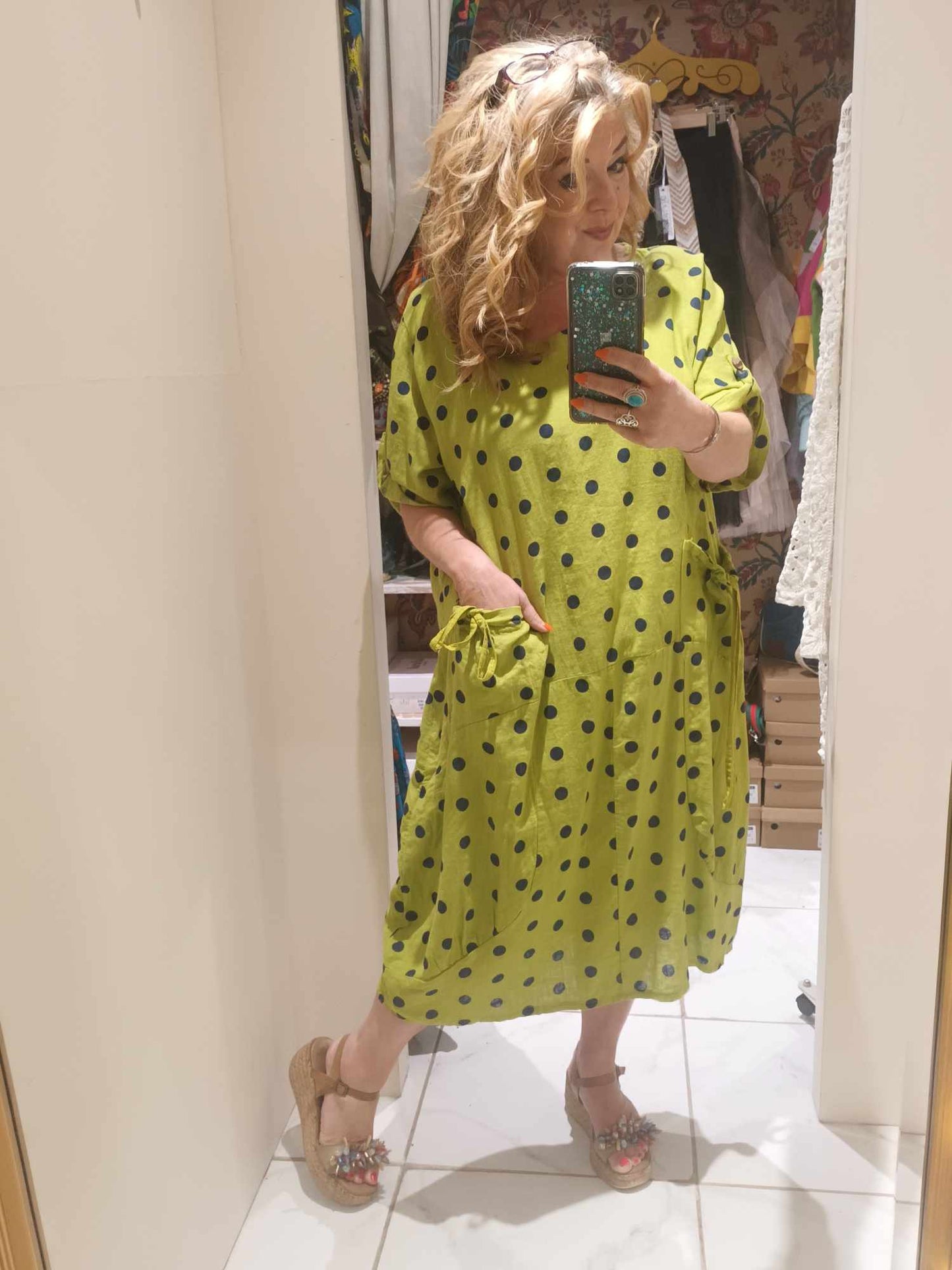 THE 'GINA' 100% ITALIAN LINEN PRETTY POLKA DOT SPOT DRESS WITH CUTE BOW POCKETS CREAM/LIME OR BLACK
