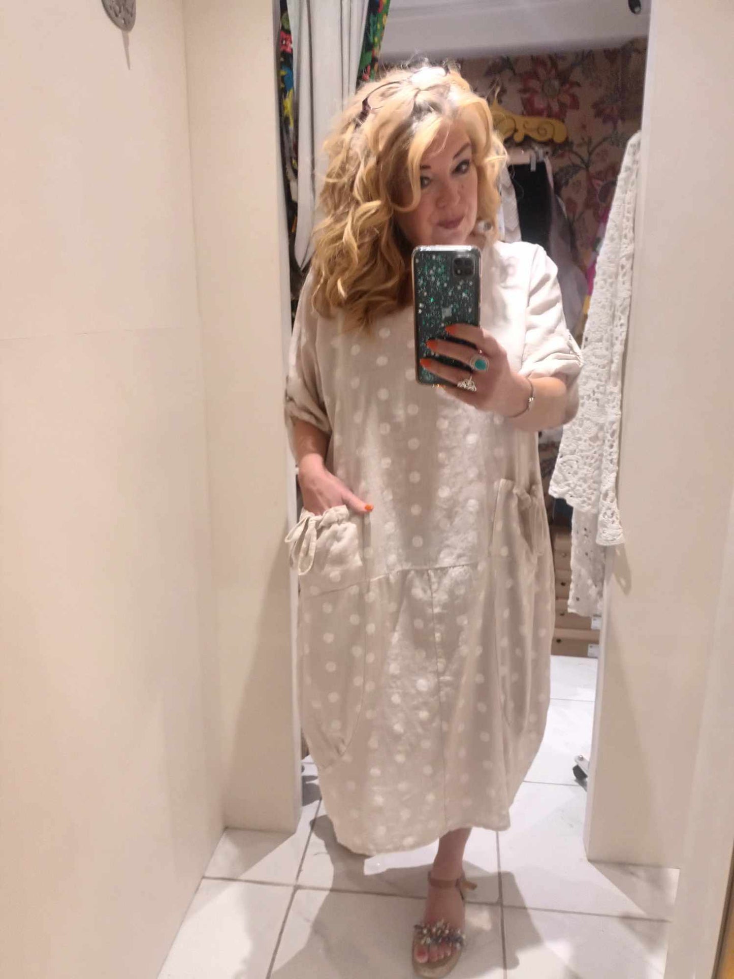 THE 'GINA' 100% ITALIAN LINEN PRETTY POLKA DOT SPOT DRESS WITH CUTE BOW POCKETS CREAM/LIME OR BLACK