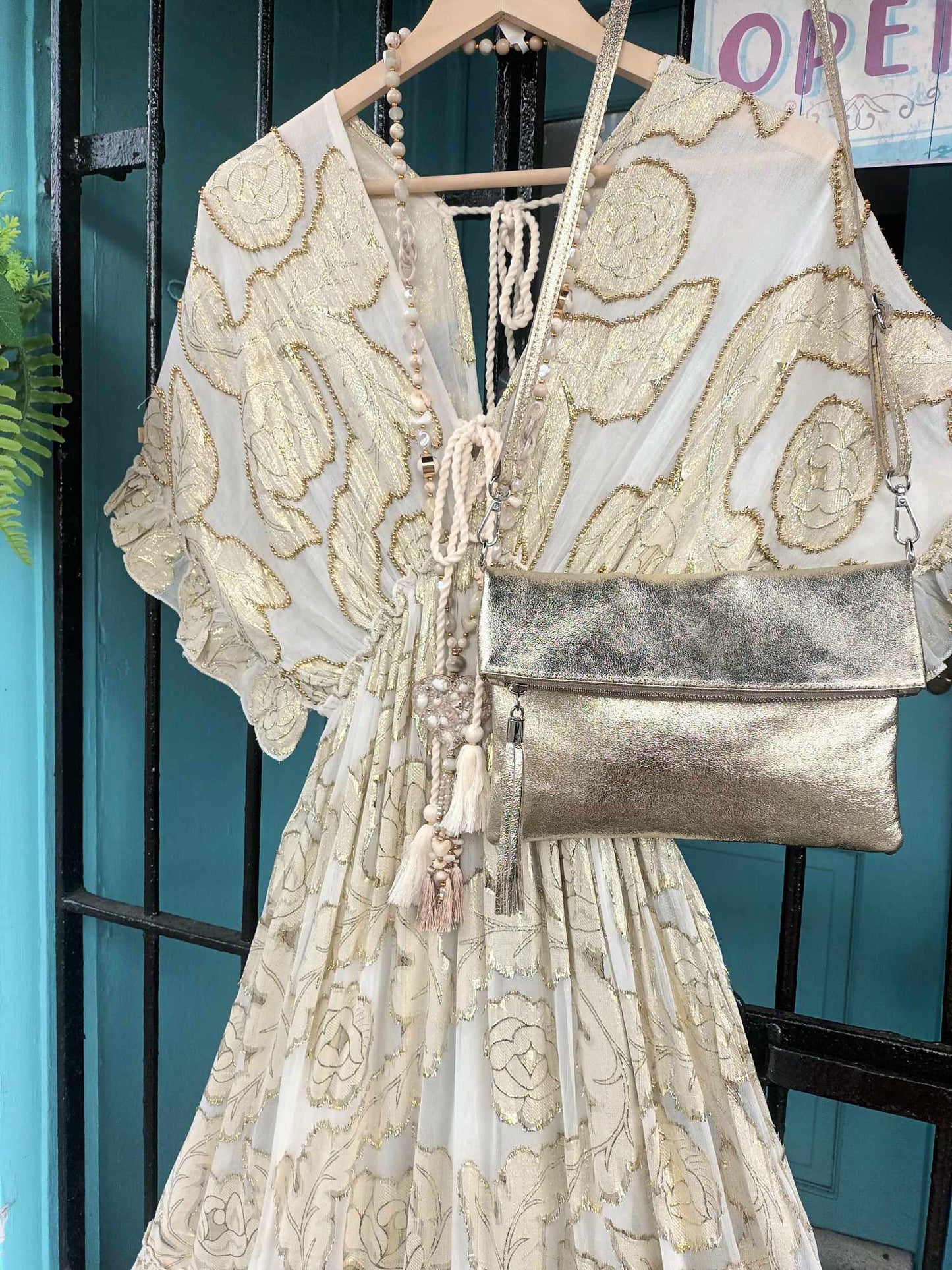 THE 'CELENE' BEAUTIFUL TASSEL DETAIL FLOATY CHIFFON BEAD EMBELLISHED DRESS IN VANILLA AND GOLD
