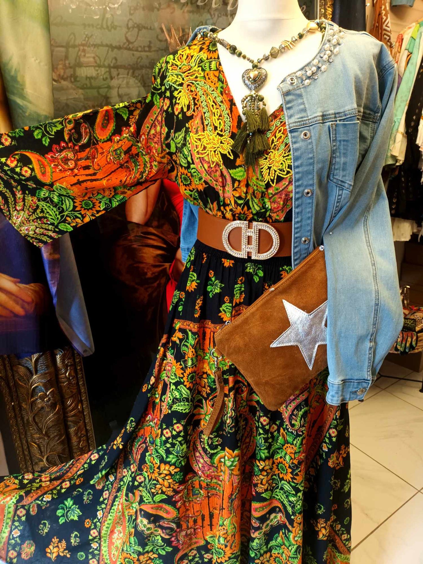 THE 'STEVIE' BREATHTAKING INDIAN COTTON BOHEMIAN PRINT FULL SKIRTED DRESS WITH LOVE BEAD EMBELLISHMENTS