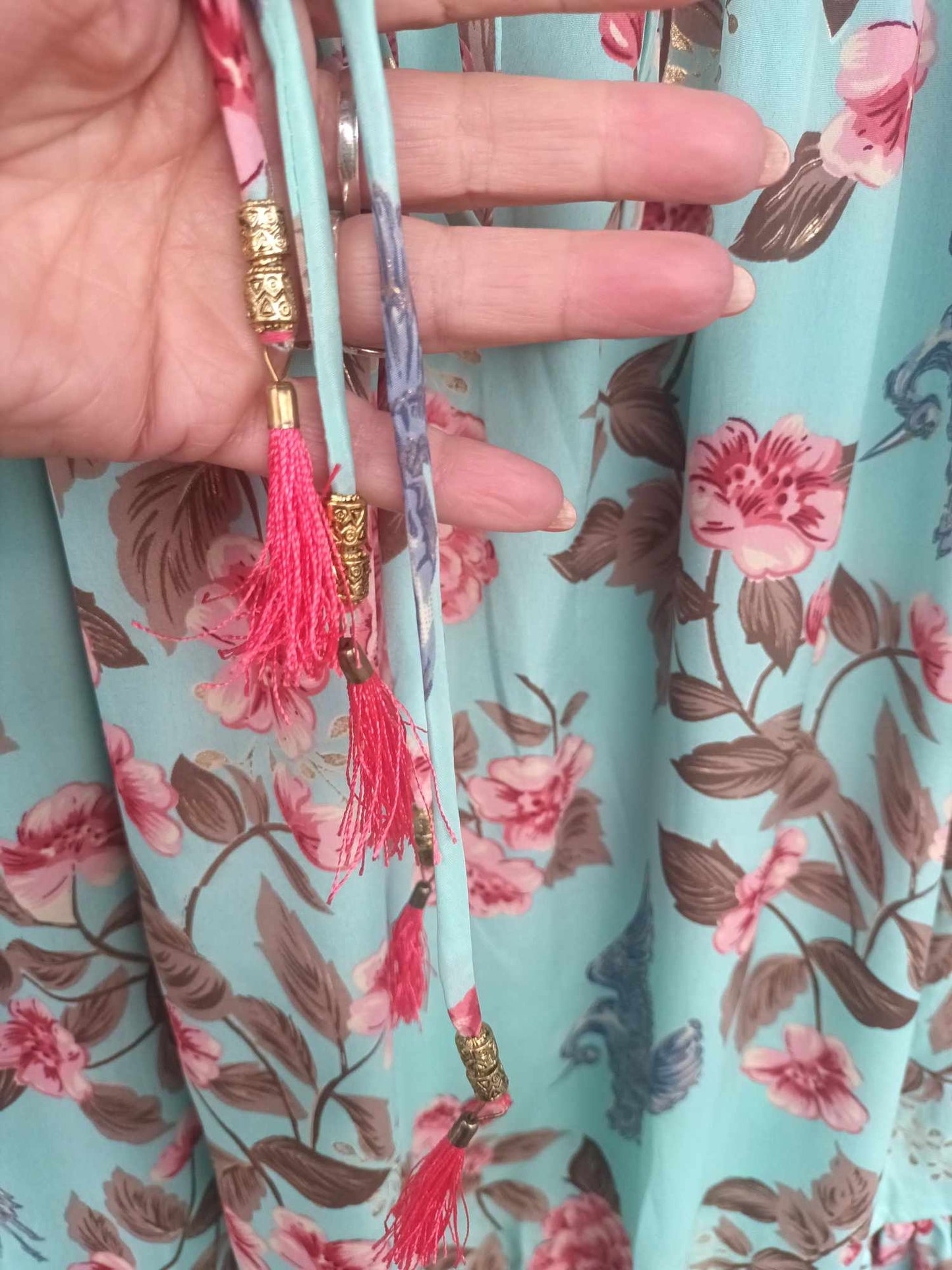 THE 'BELLE ANTICA' STUNNING DUCK EGG AND MULTI BIRD PRINT RUFFLE NECK SMOCK DRESS WITH TASSEL DETAIL