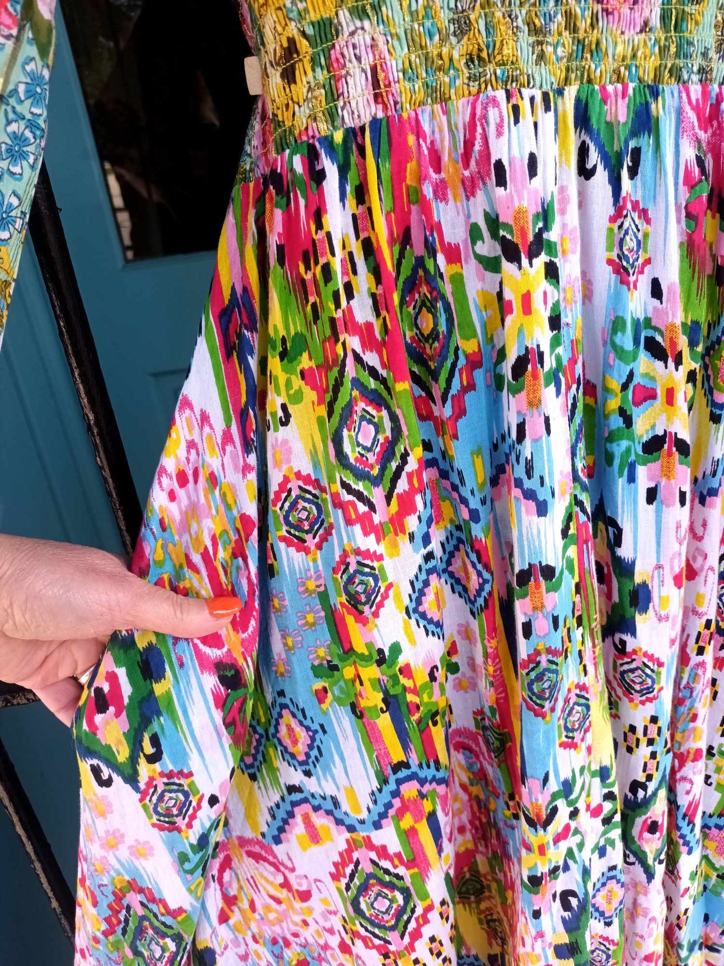 THE 'FANTASIA' STUNNING INDIAN COTTON RAINBOW COLOURED EMBROIDERED FLOWER DETAIL DRESS