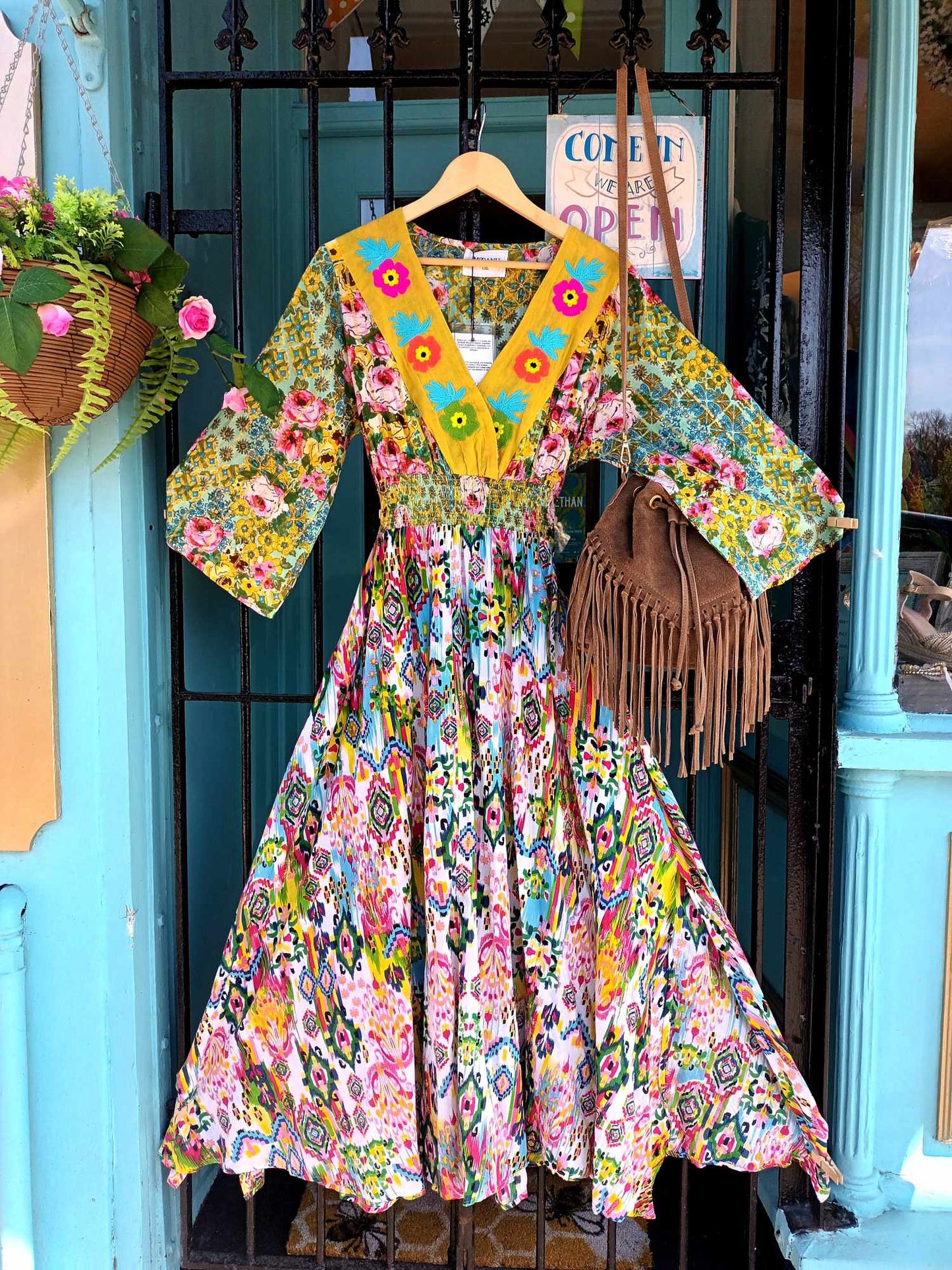 THE 'FANTASIA' STUNNING INDIAN COTTON RAINBOW COLOURED EMBROIDERED FLOWER DETAIL DRESS