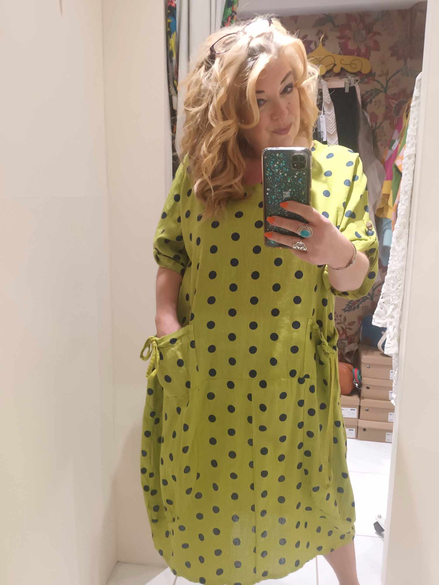 THE 'GINA' 100% ITALIAN LINEN PRETTY POLKA DOT SPOT DRESS WITH CUTE BOW POCKETS CREAM/LIME OR BLACK