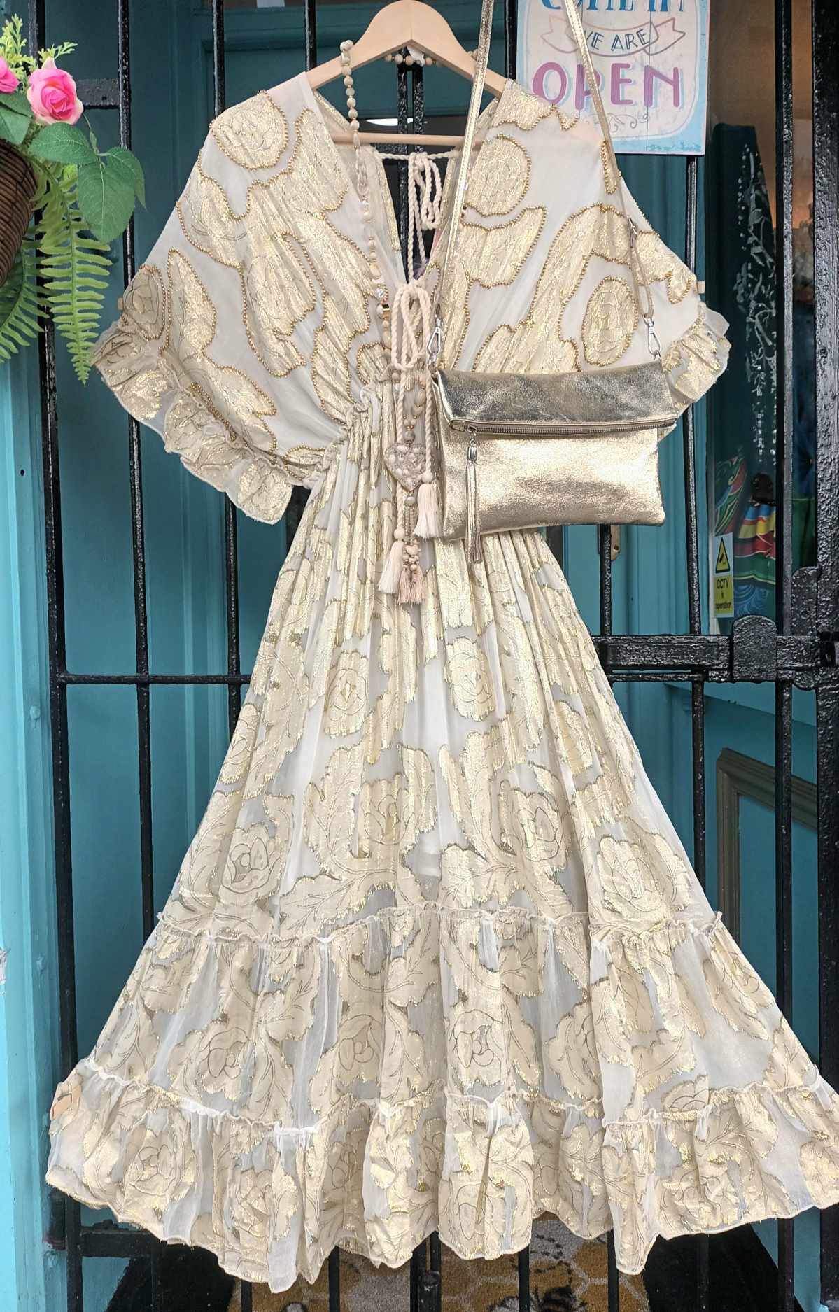 THE 'CELENE' BEAUTIFUL TASSEL DETAIL FLOATY CHIFFON BEAD EMBELLISHED DRESS IN VANILLA AND GOLD