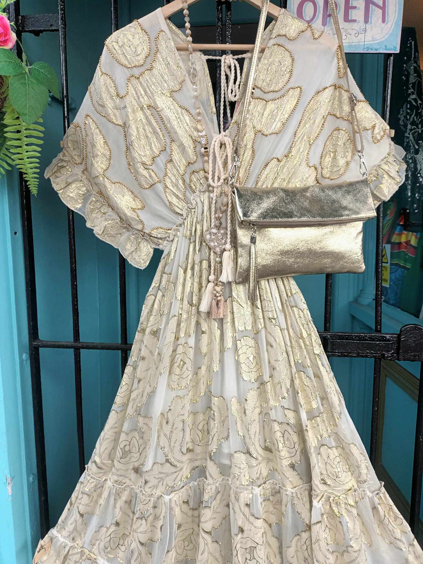 THE 'CELENE' BEAUTIFUL TASSEL DETAIL FLOATY CHIFFON BEAD EMBELLISHED DRESS IN VANILLA AND GOLD