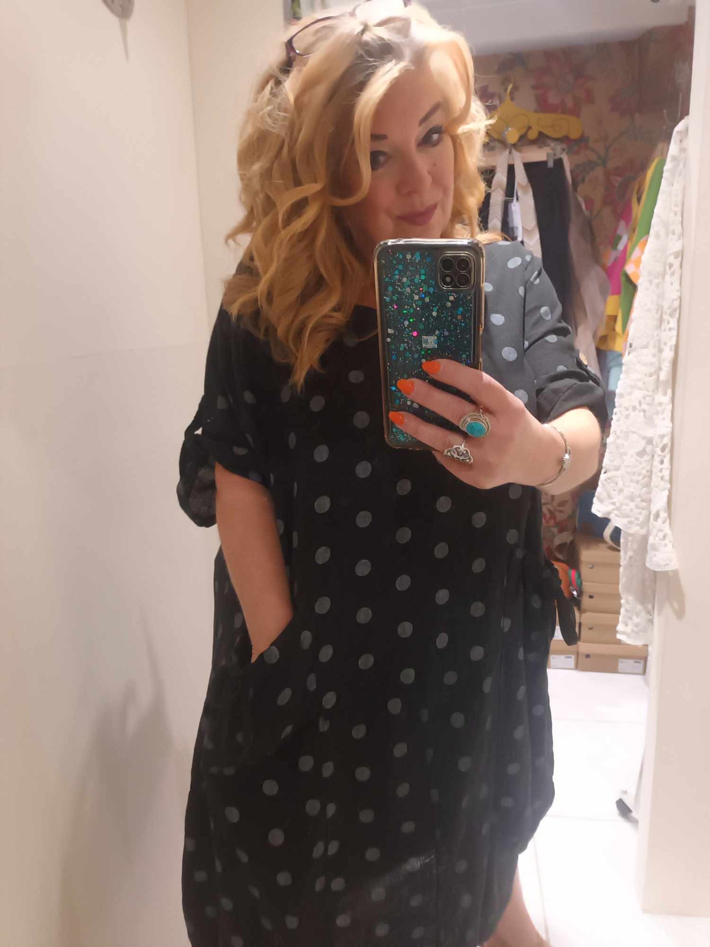 THE 'GINA' 100% ITALIAN LINEN PRETTY POLKA DOT SPOT DRESS WITH CUTE BOW POCKETS CREAM/LIME OR BLACK