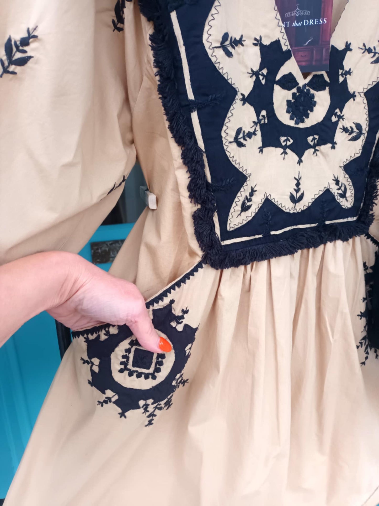 THE 'BELLA BARCELONA' BEAUTIFUL FOLK STYLE POCKET FRONT DRESS WITH STUNNING FRINGE AND EMBROIDERED DETAIL