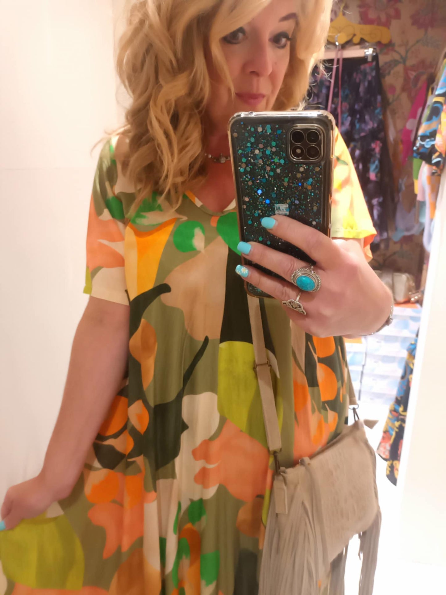 THE 'SUNNY DAZE' FIT AND FLARE V NECK DRESS WITH SUPER SWISHY SKIRT GREEN MIX or PINK MIX
