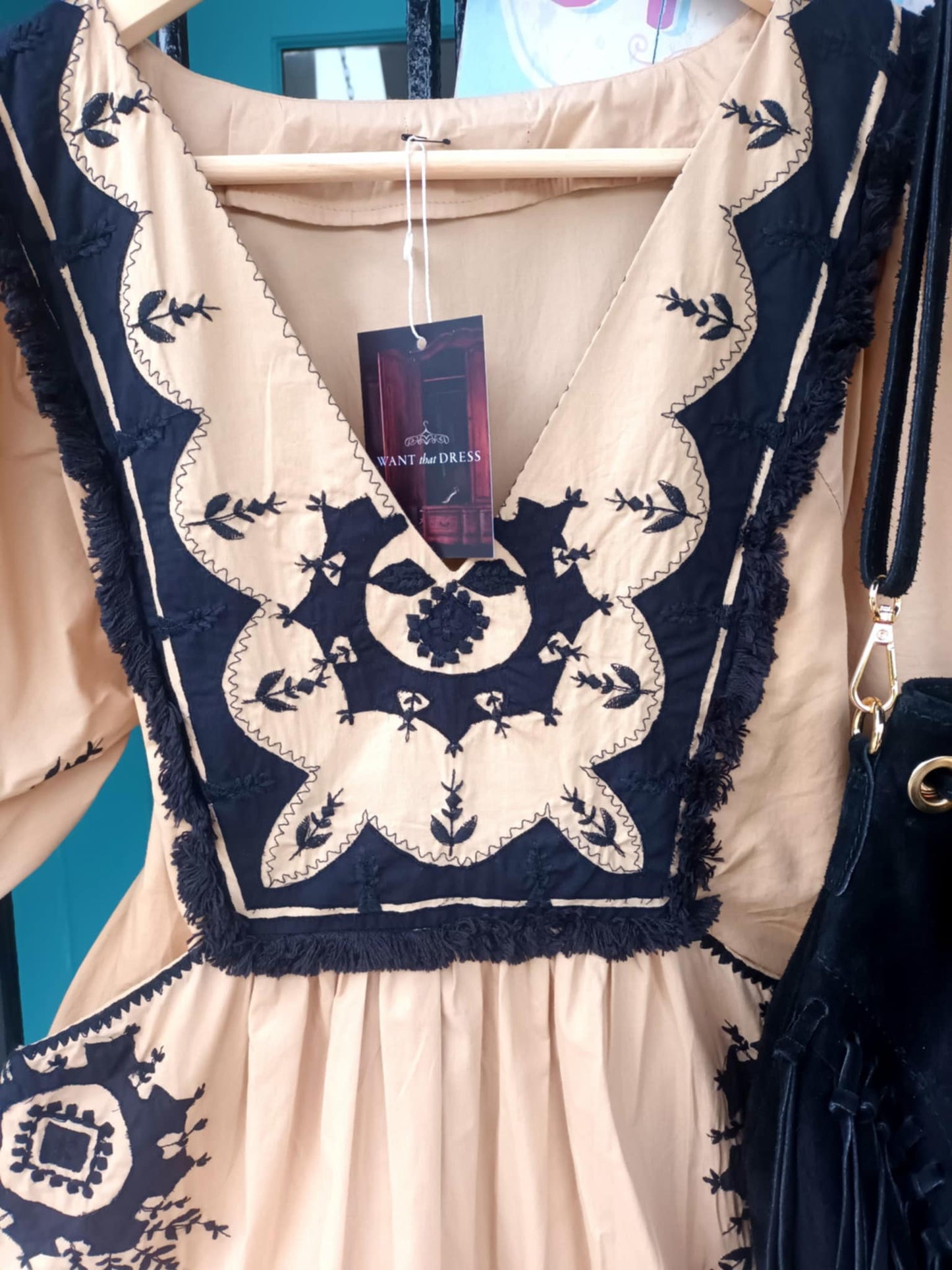 THE 'BELLA BARCELONA' BEAUTIFUL FOLK STYLE POCKET FRONT DRESS WITH STUNNING FRINGE AND EMBROIDERED DETAIL